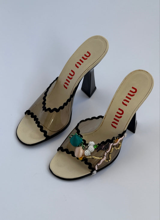 Miu Miu S/S 1998 Clear PVC Embroidered Black Squiggle Mules in size IT 36/US 6/UK 3.