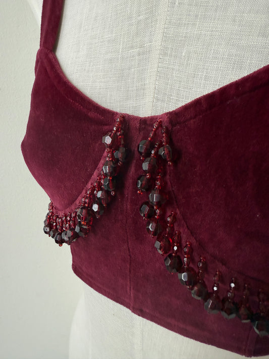 Blumarine 1990 Velour Burgundy Corset Bra Top with Beads