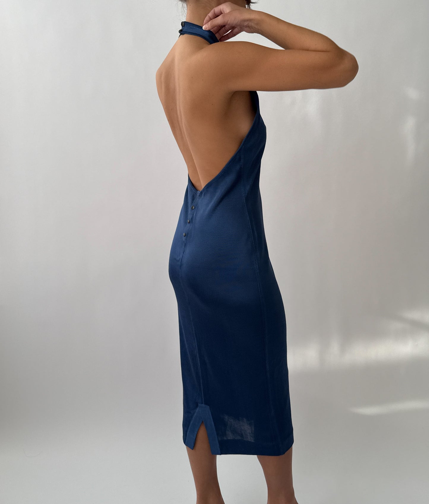 Azzedine Alaïa S/S 1986 Runway Blue Knit Halter Neck Bodycon Backless Dress in size M/L.