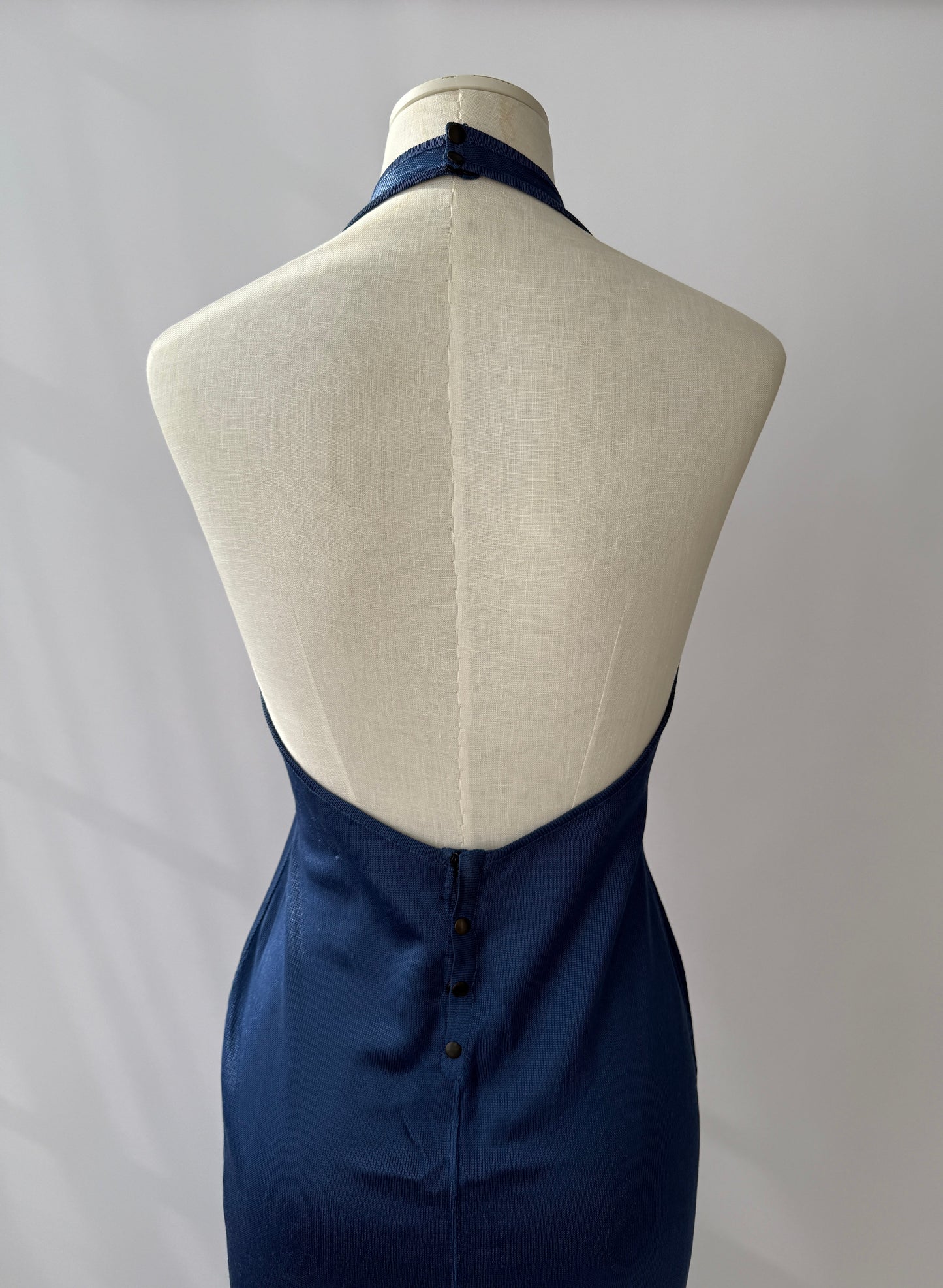 Azzedine Alaïa S/S 1986 Runway Blue Knit Halter Neck Bodycon Backless Dress in size M/L.