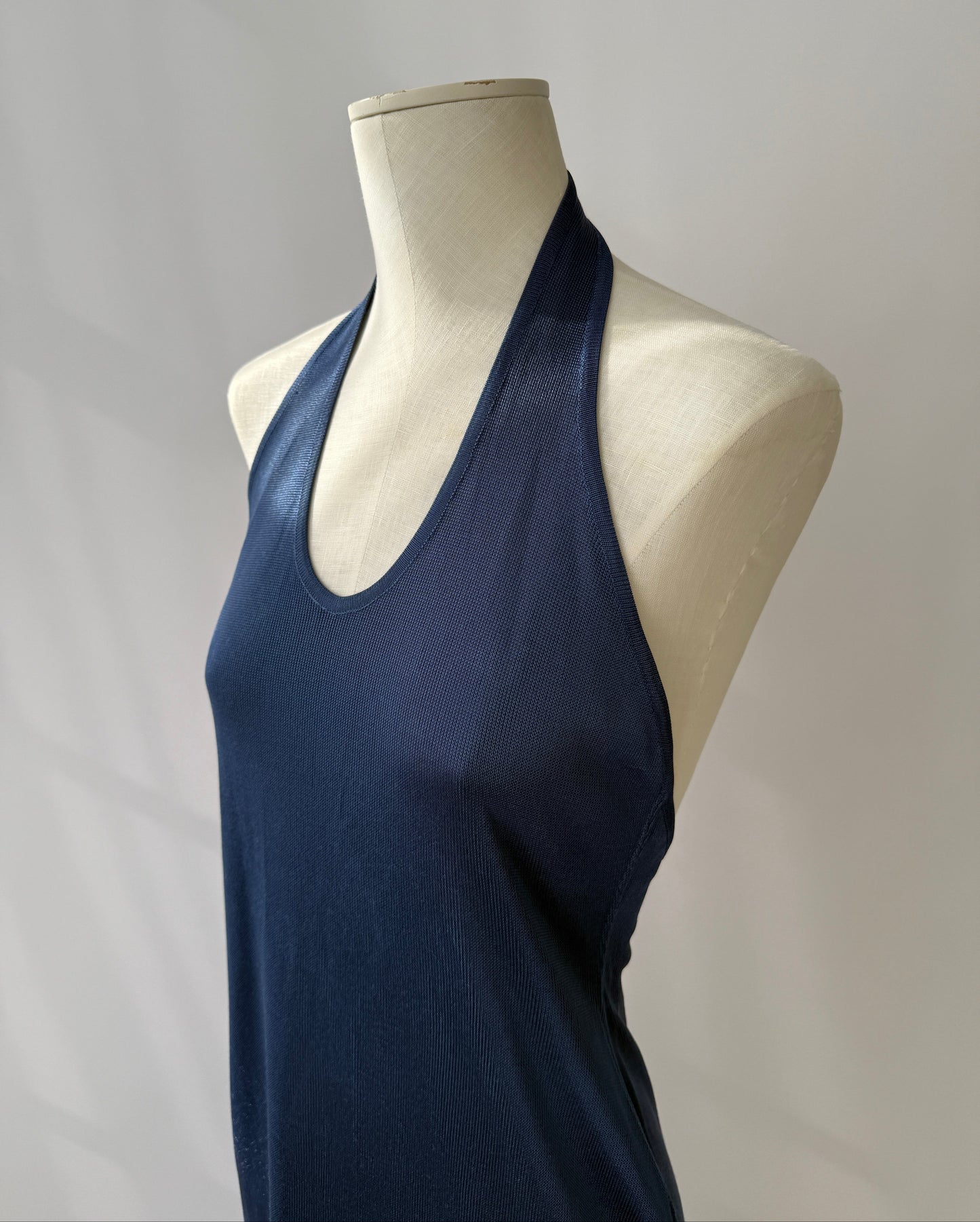 Azzedine Alaïa S/S 1986 Runway Blue Knit Halter Neck Bodycon Backless Dress in size M/L.