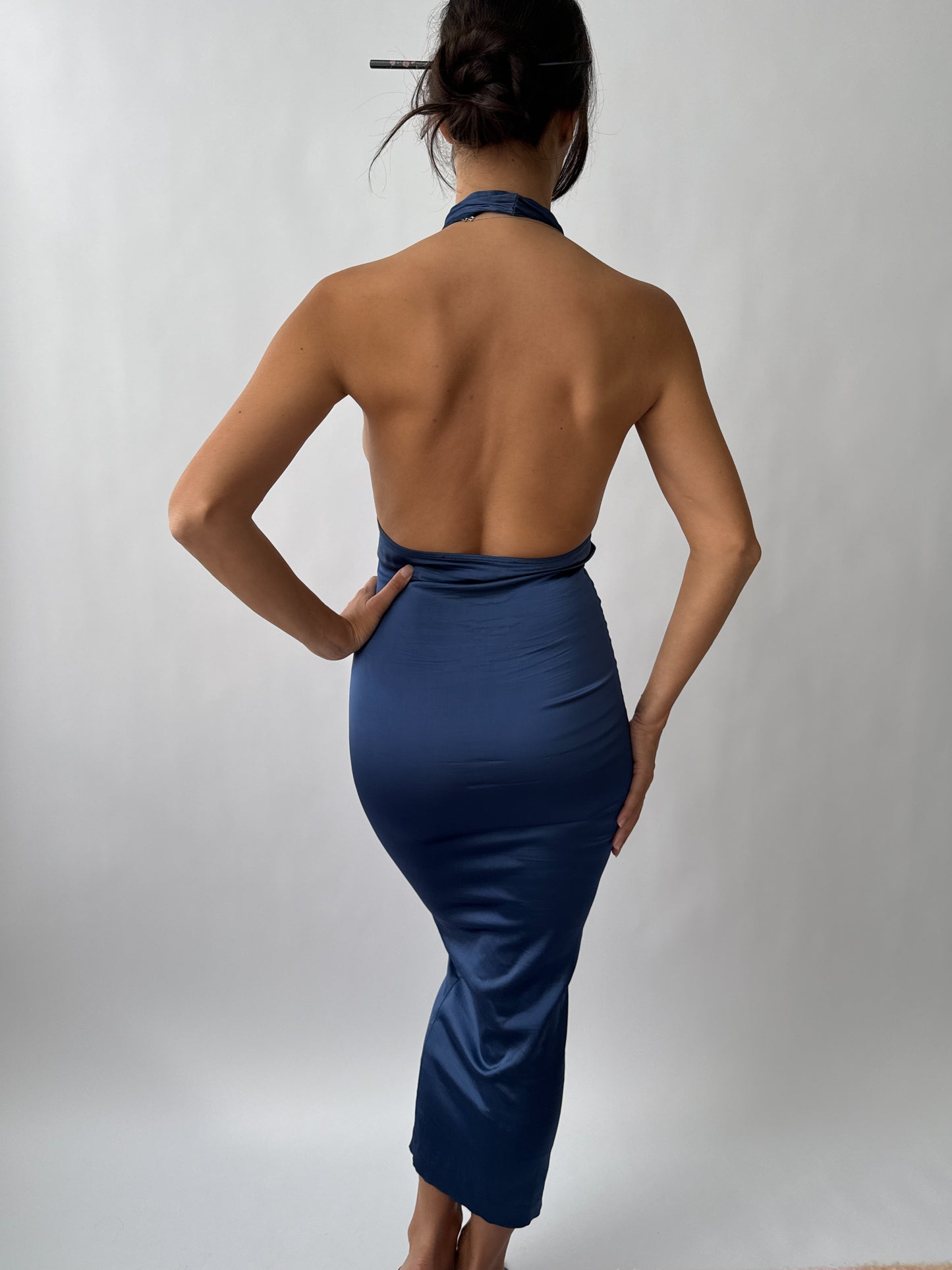 Blumarine S/S 1990 Vintage Blue Pearl Halter Dress (XS-M)