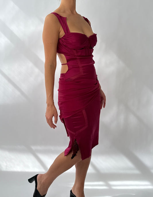 Gucci S/S 2005 Bordeaux Runway Bustier Cutout Open Back Silk Dress (S)