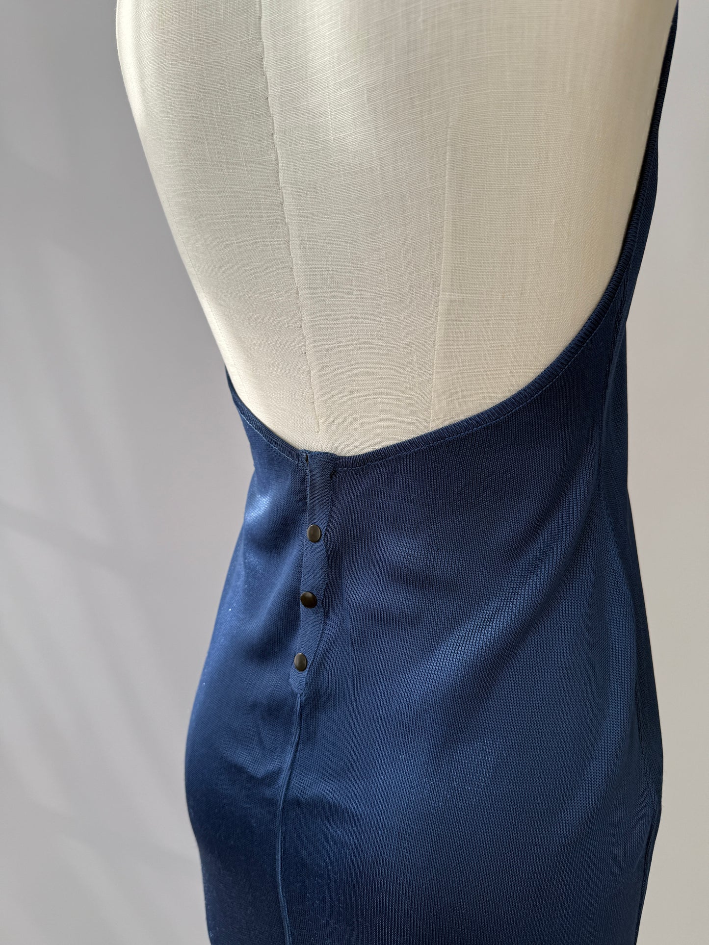 Azzedine Alaïa S/S 1986 Runway Blue Knit Halter Neck Bodycon Backless Dress in size M/L.
