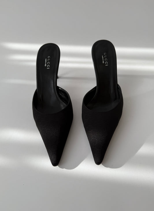 Gucci Vintage Black Pointed Toe Monogram Mules (IT 37/US 7/UK 4)