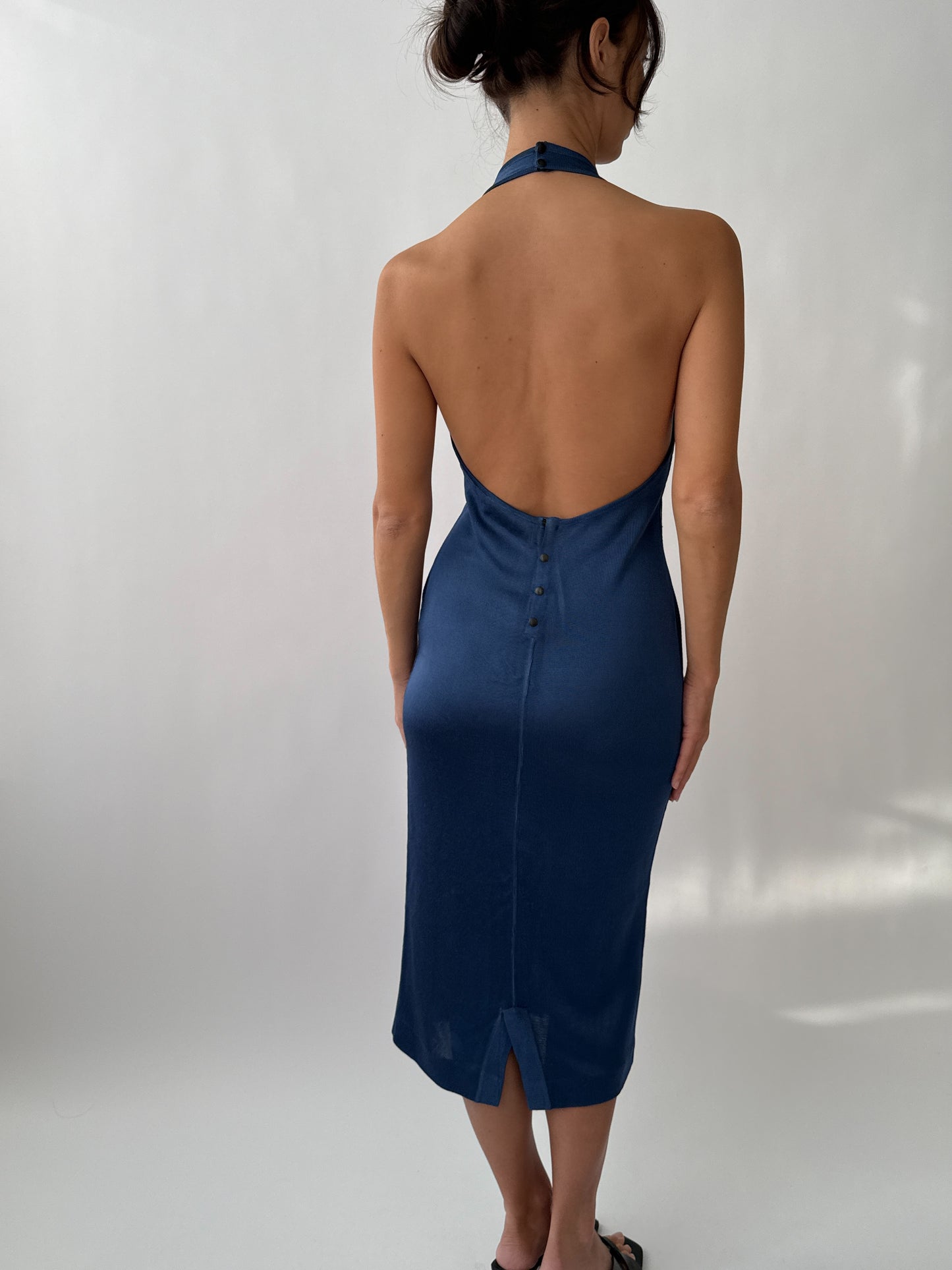 Azzedine Alaïa S/S 1986 Runway Blue Knit Halter Neck Bodycon Backless Dress in size M/L.