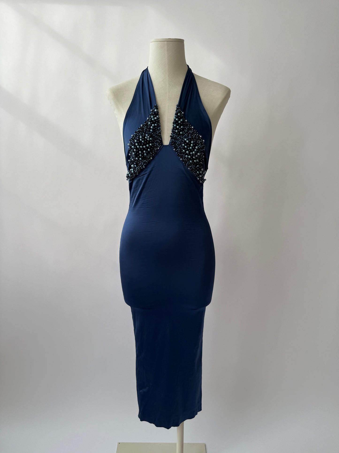Blumarine S/S 1990 Vintage Blue Pearl Halter Dress (XS-M)