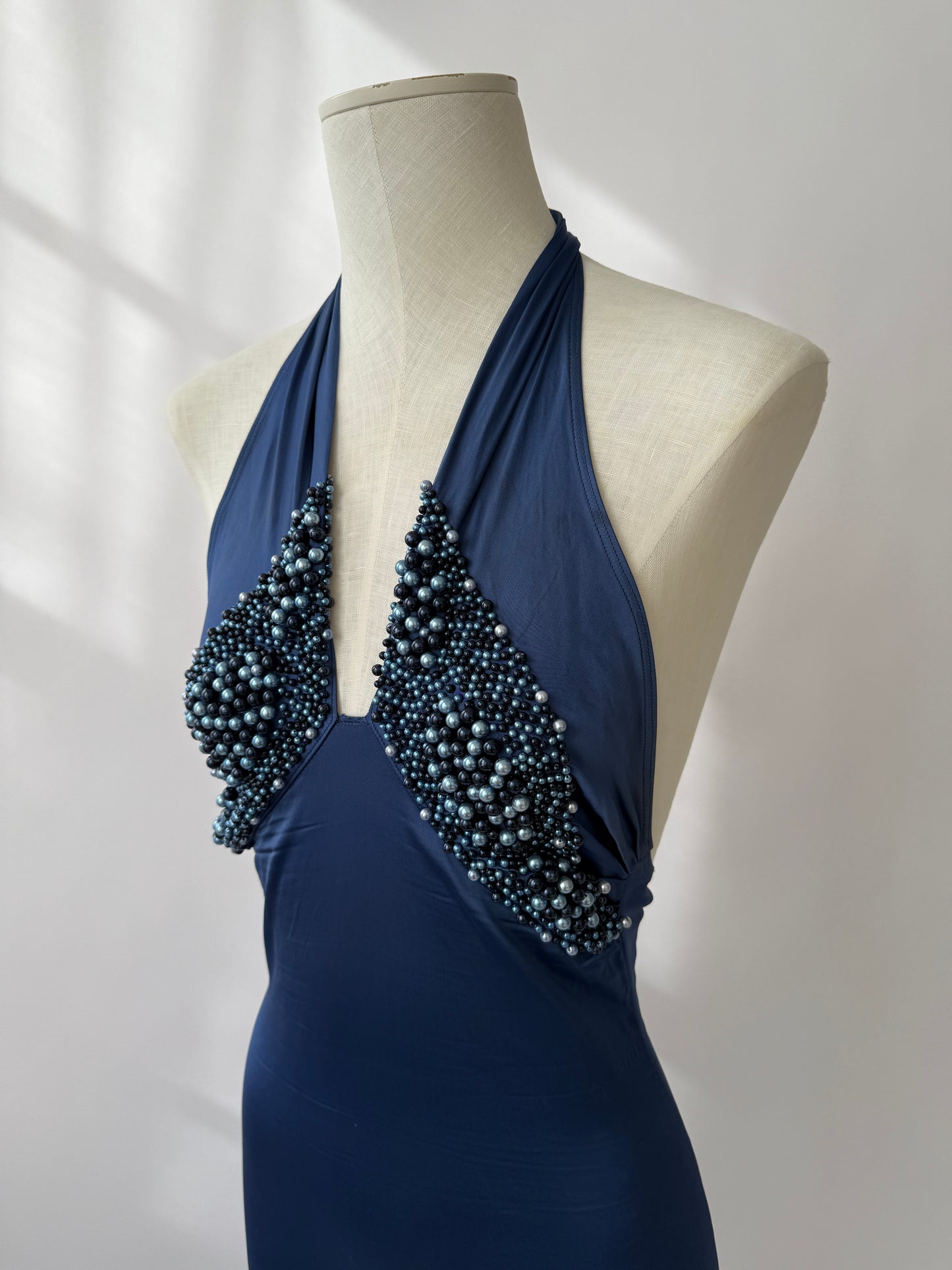 Blumarine S/S 1990 Vintage Blue Pearl Halter Dress (XS-M)