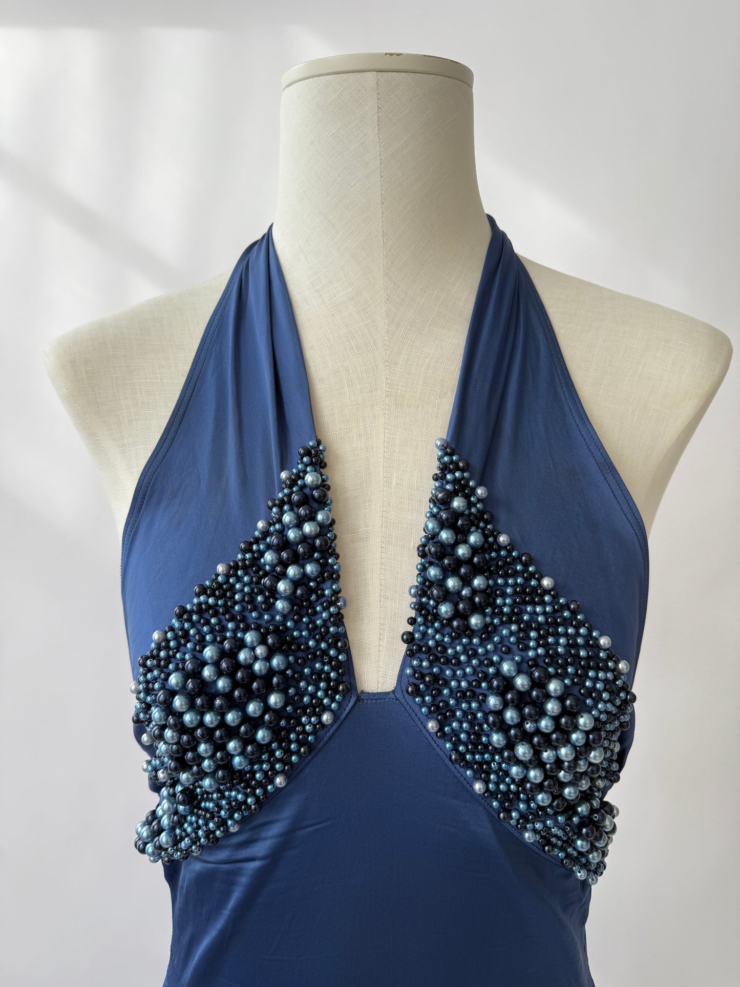 Blumarine S/S 1990 Vintage Blue Pearl Halter Dress (XS-M)