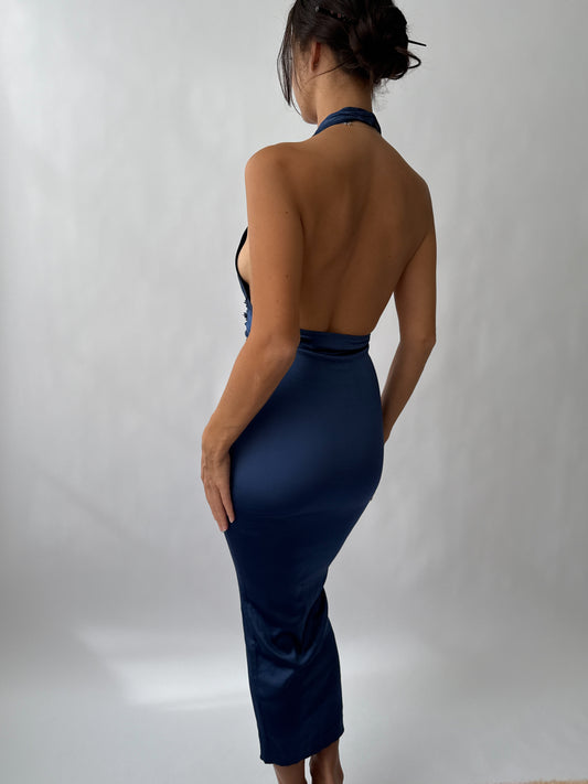 Blumarine S/S 1990 Vintage Blue Pearl Halter Dress (XS-M)