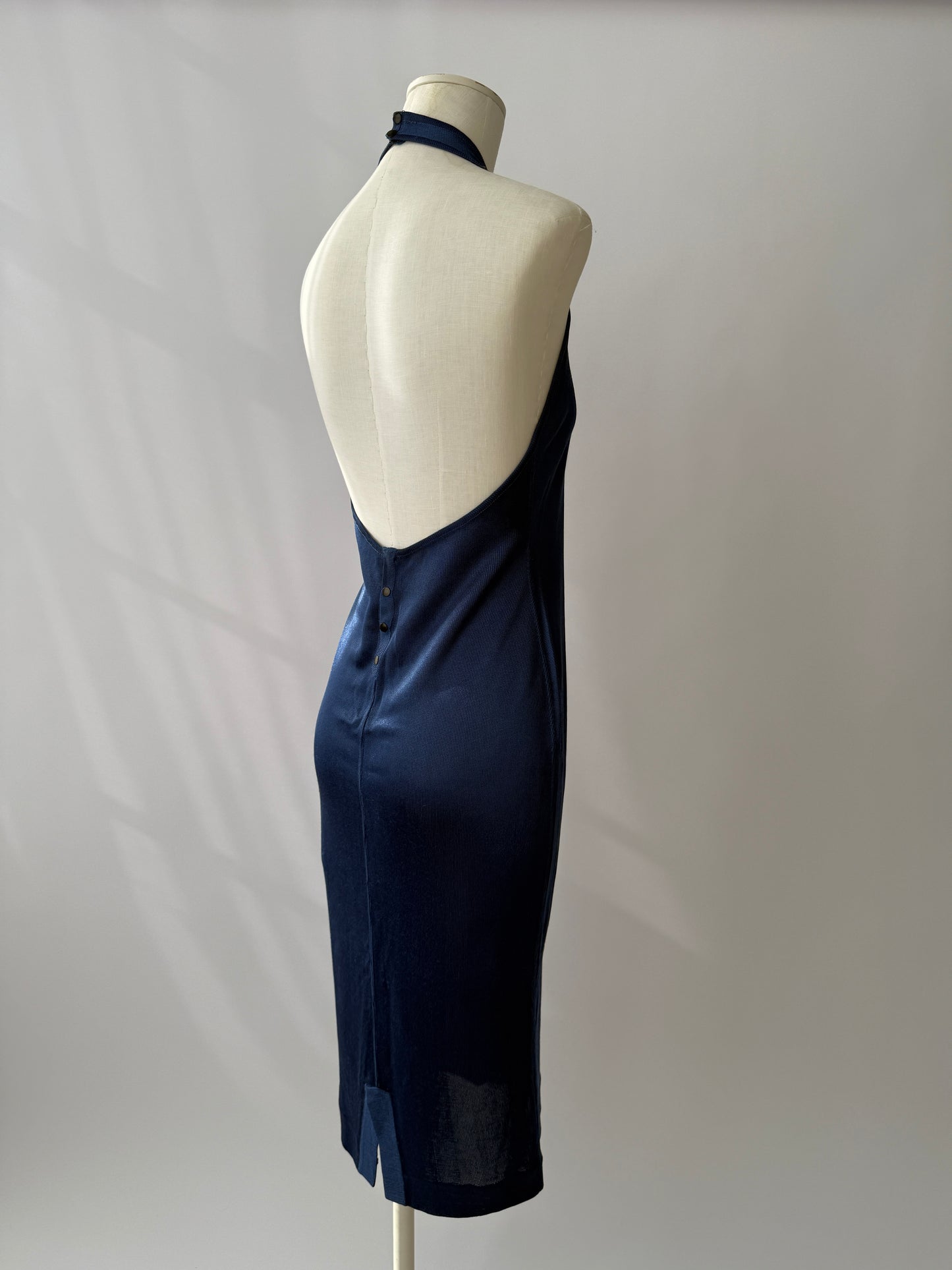 Azzedine Alaïa S/S 1986 Runway Blue Knit Halter Neck Bodycon Backless Dress in size M/L.