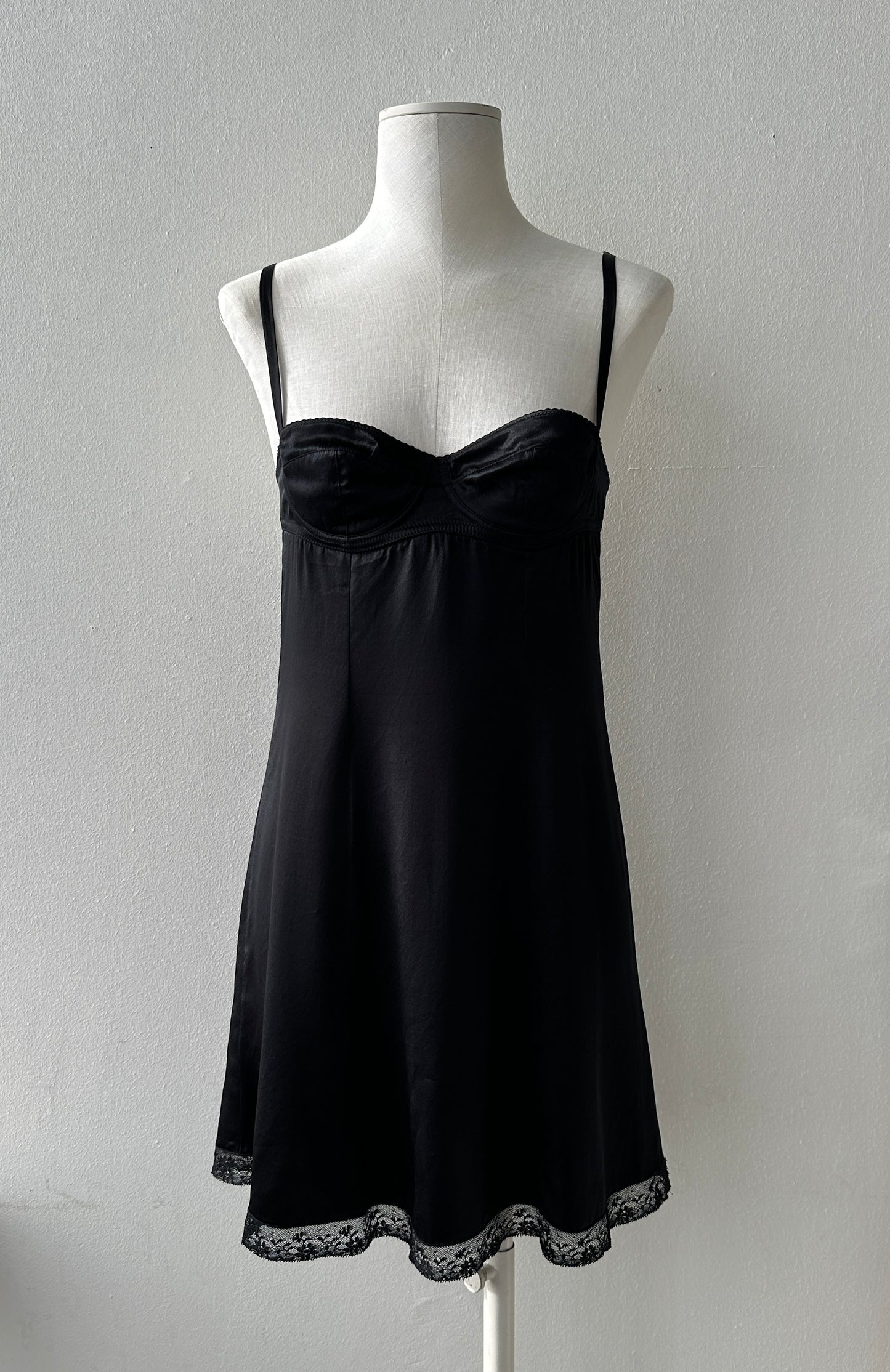 Dolce & Gabbana 90's/early 00’s Black Silk Slip Dress with Built-in Bra and Lace Trim in size M