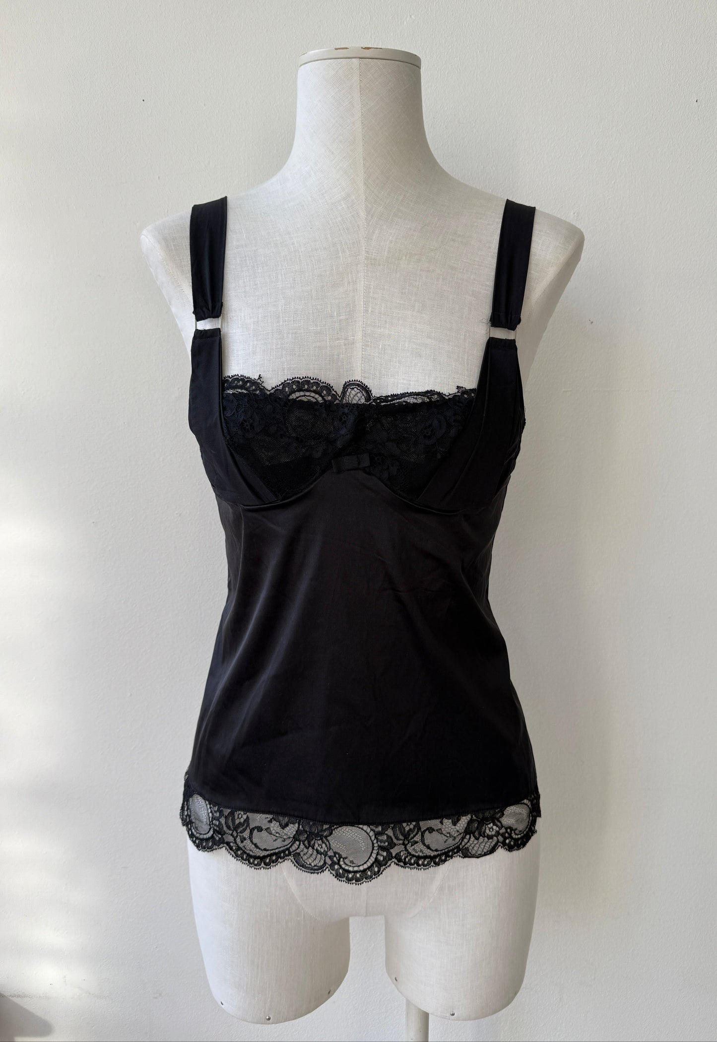 Dolce & Gabbana 00's Vintage Black Silk Lingerie Bustier Top in size S with a Lace Trim