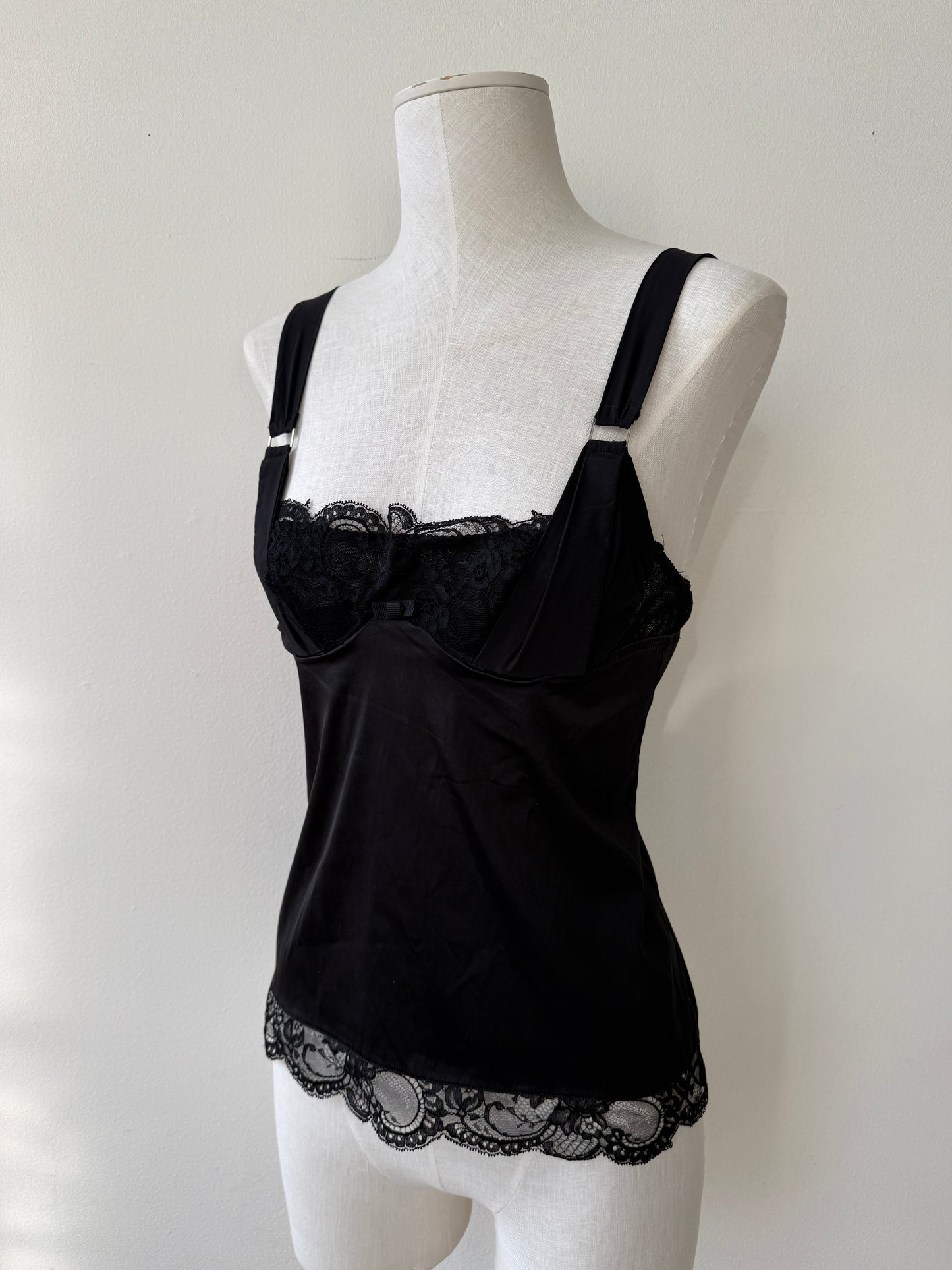 Dolce & Gabbana 00's Vintage Black Silk Lingerie Bustier Top in size S with a Lace Trim