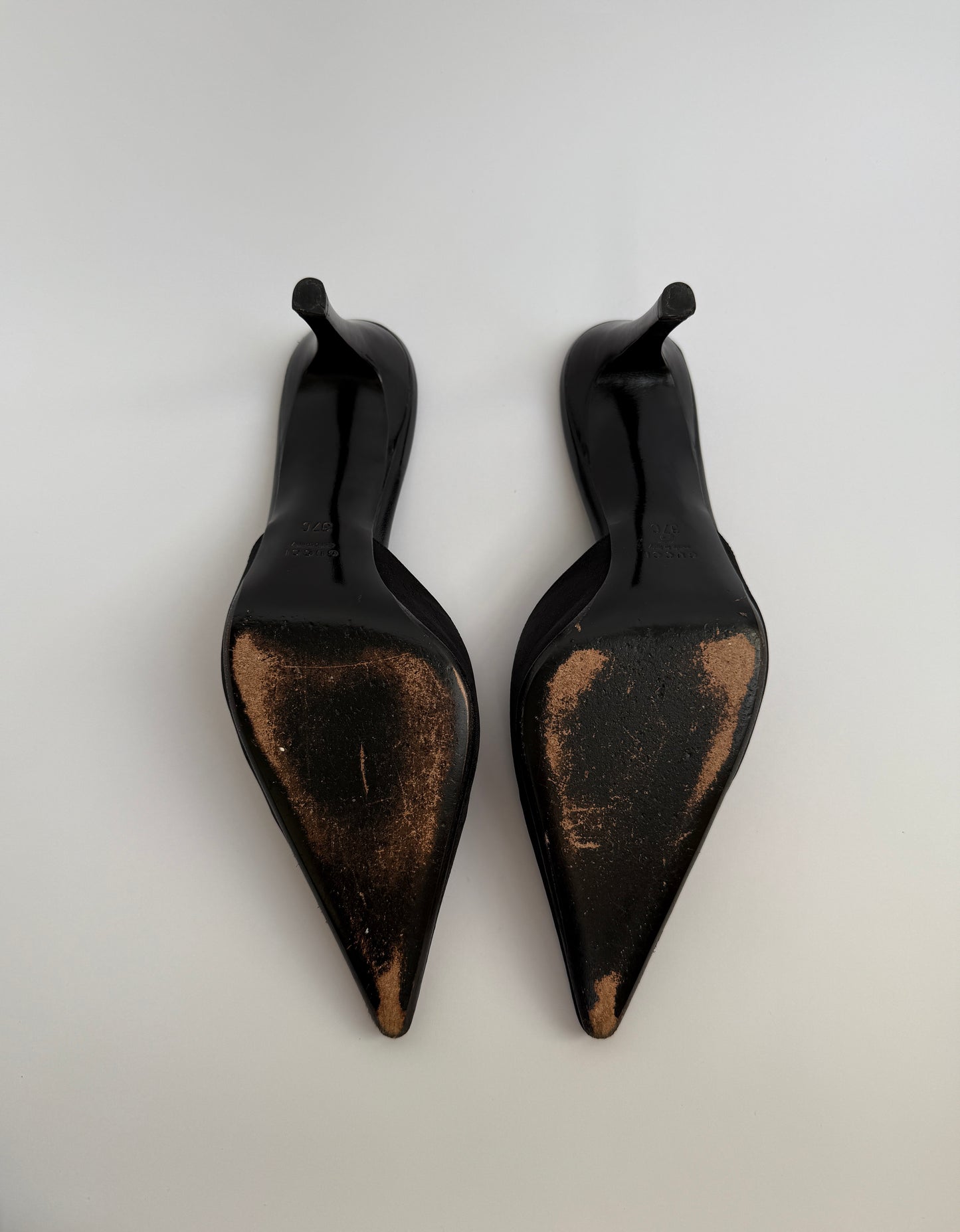 Vintage Gucci Black Pointed Toe Monogram Mules in size IT 37/US 7/UK 4.
