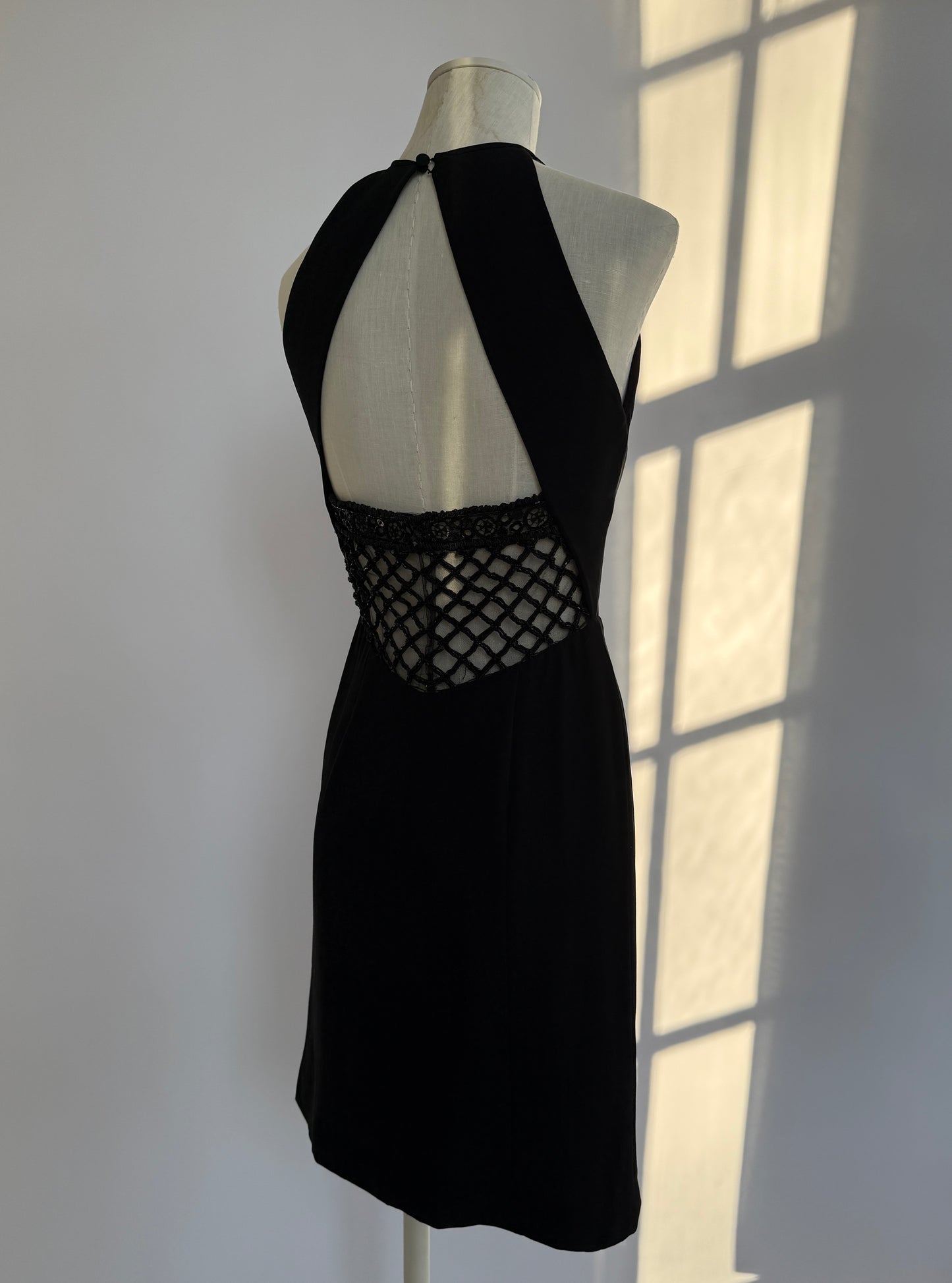 Valentino F/W 2001 Black Silk Beaded Backless Mini Dress