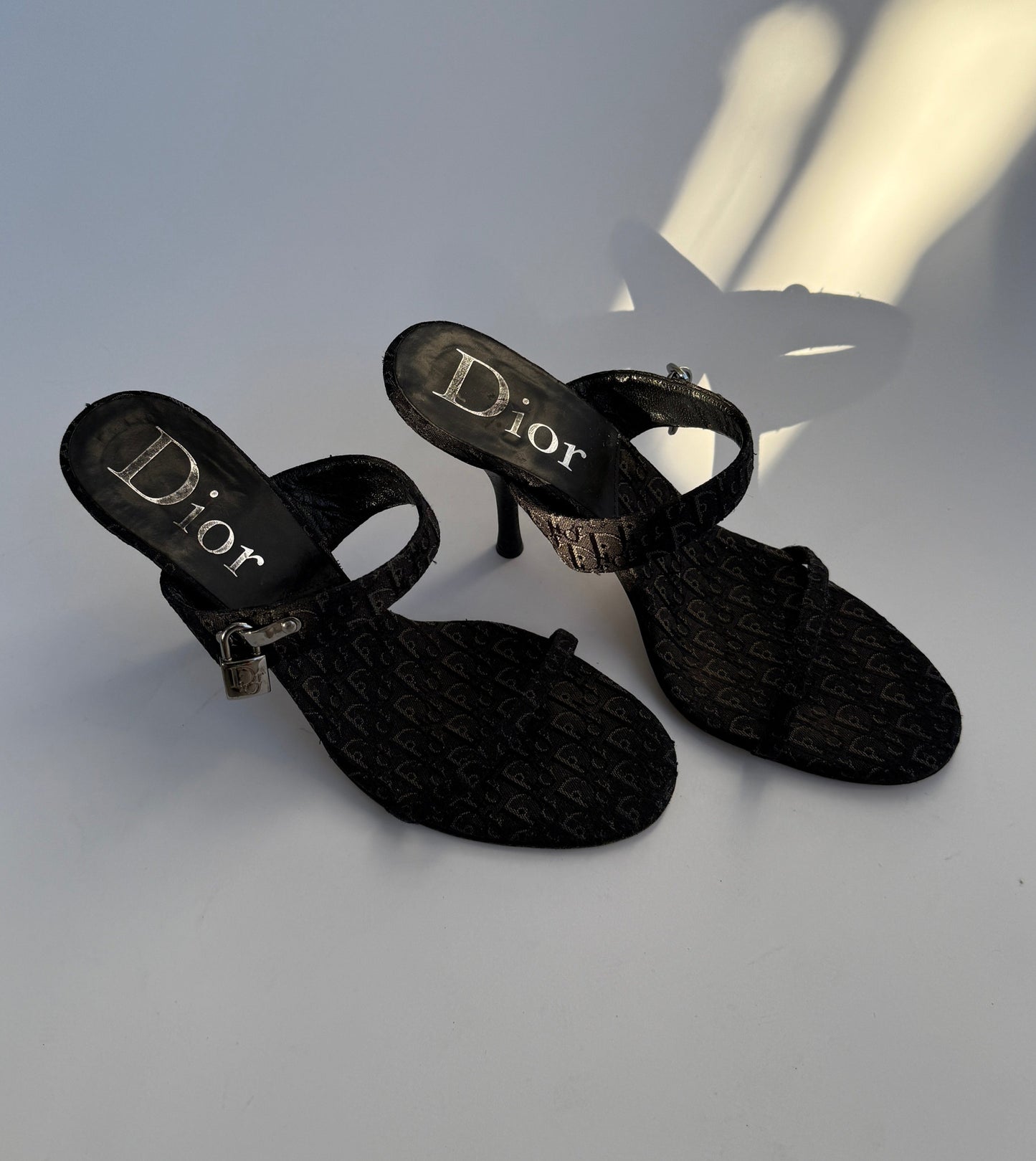 Christian Dior by Galliano Vintage Black Monogram Mules with Silver Lock & Keys Hardware in size IT 37,5/US 7,5/UK 5.
