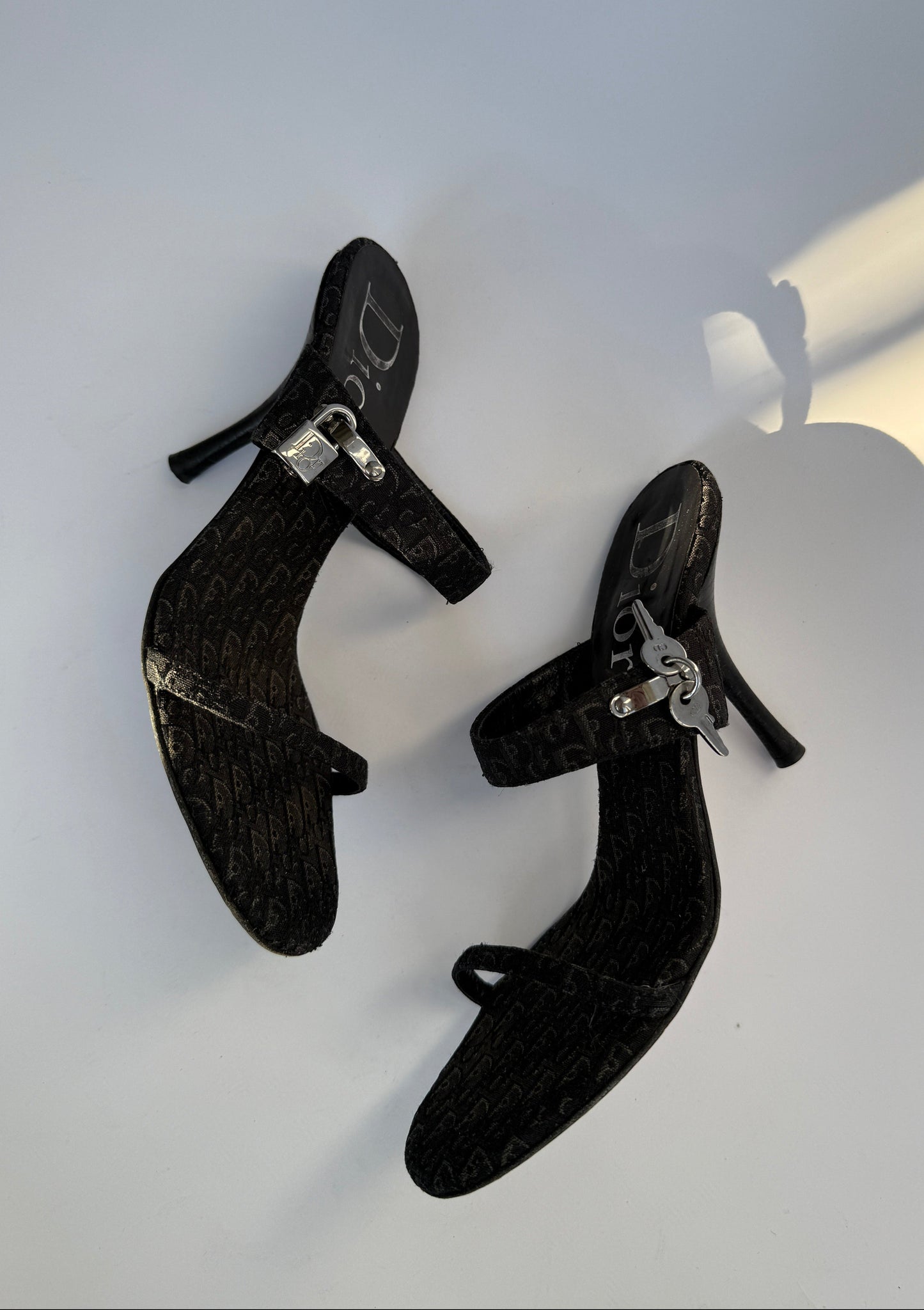 Christian Dior by Galliano Vintage Black Monogram Mules with Silver Lock & Keys Hardware in size IT 37,5/US 7,5/UK 5.