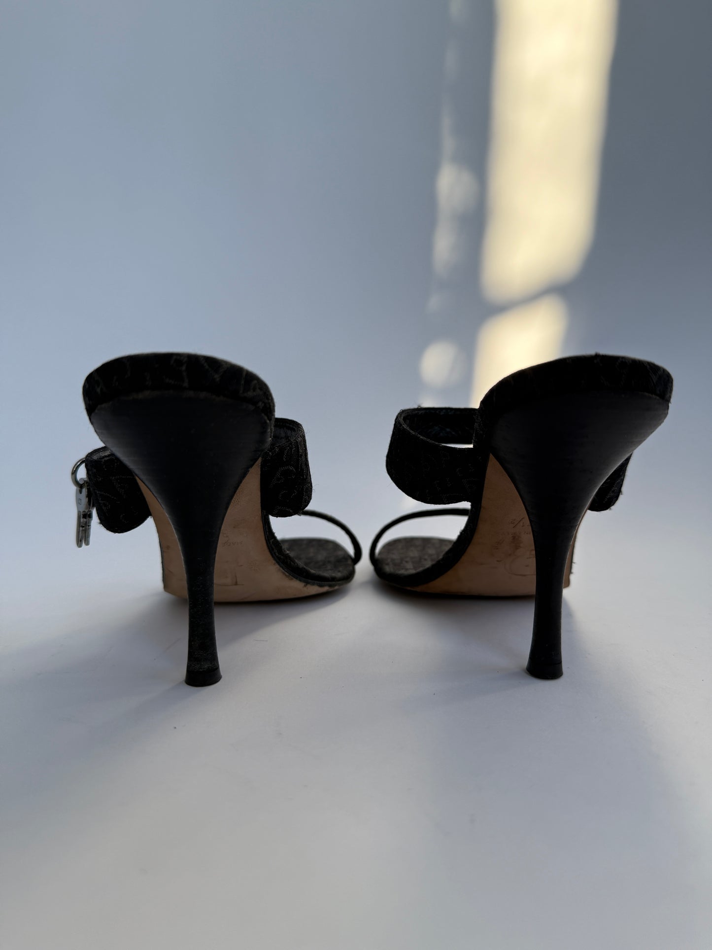 Christian Dior by Galliano Vintage Black Monogram Mules with Silver Lock & Keys Hardware in size IT 37,5/US 7,5/UK 5.