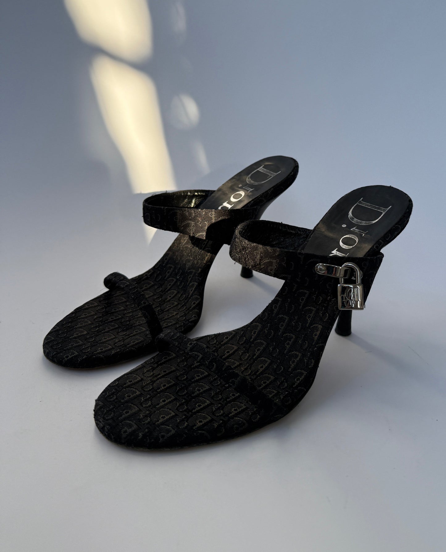Christian Dior by Galliano Vintage Black Monogram Mules with Silver Lock & Keys Hardware in size IT 37,5/US 7,5/UK 5.