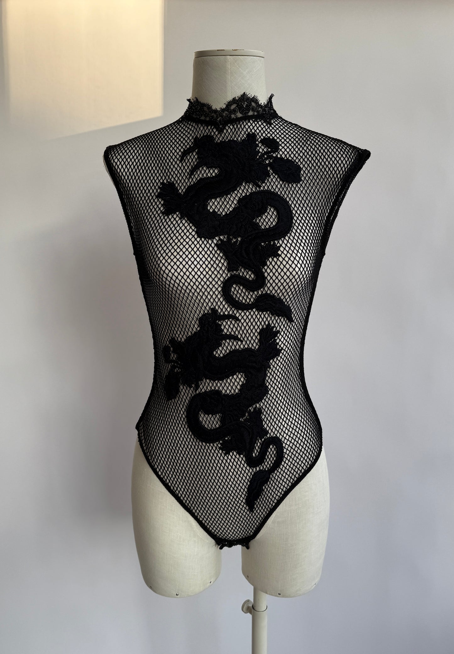 Vintage La Perla S/S 2008 Black Label Embellished Mesh Dragon Bodysuit in size S/M.