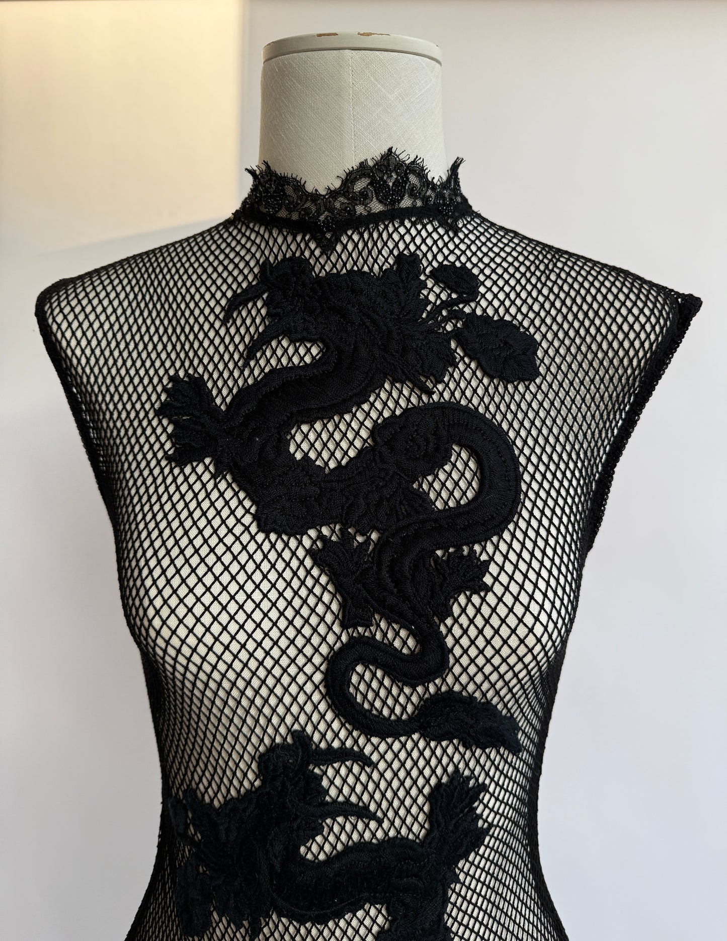 Vintage La Perla S/S 2008 Black Label Embellished Mesh Dragon Bodysuit in size S/M.