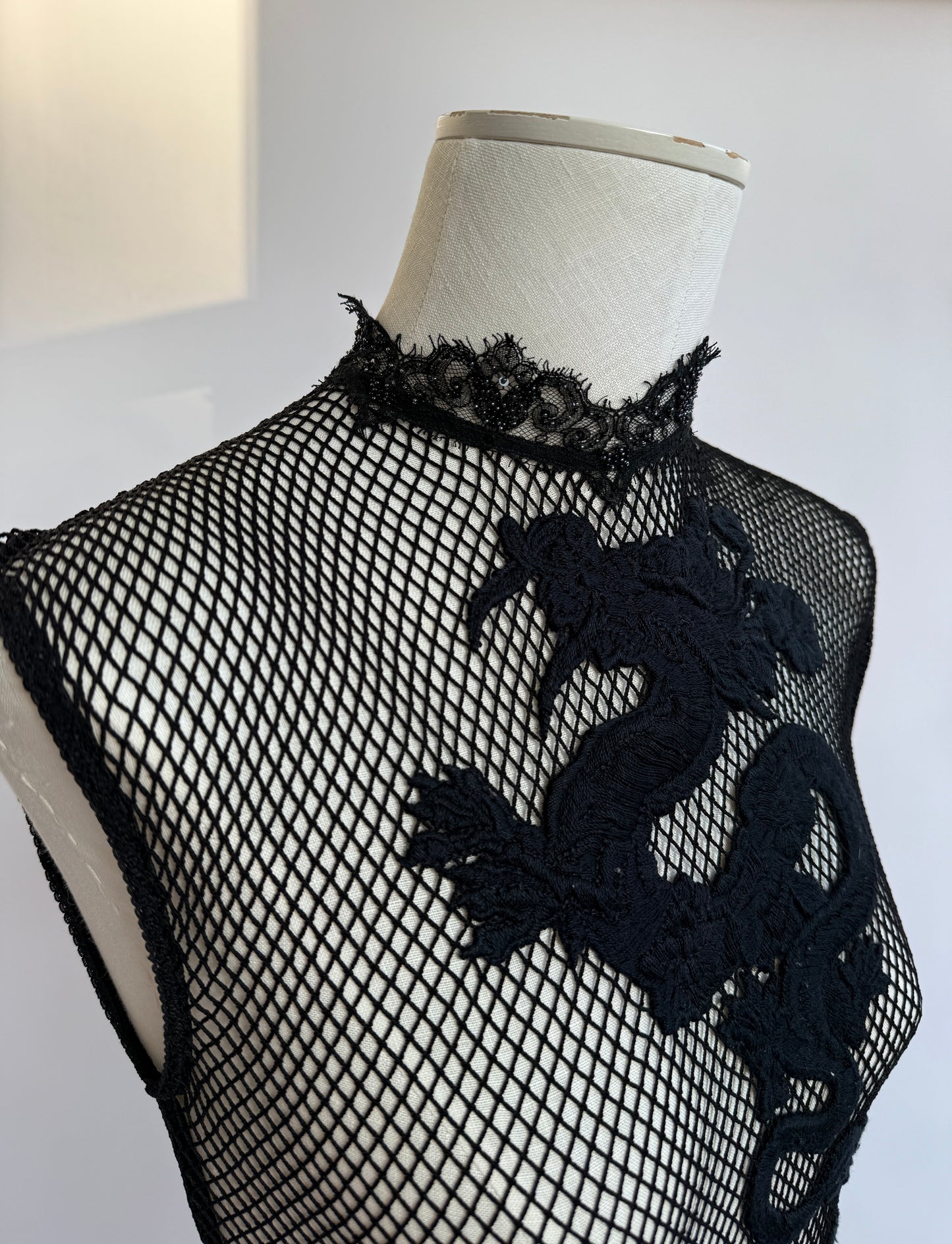 Vintage La Perla S/S 2008 Black Label Embellished Mesh Dragon Bodysuit in size S/M.