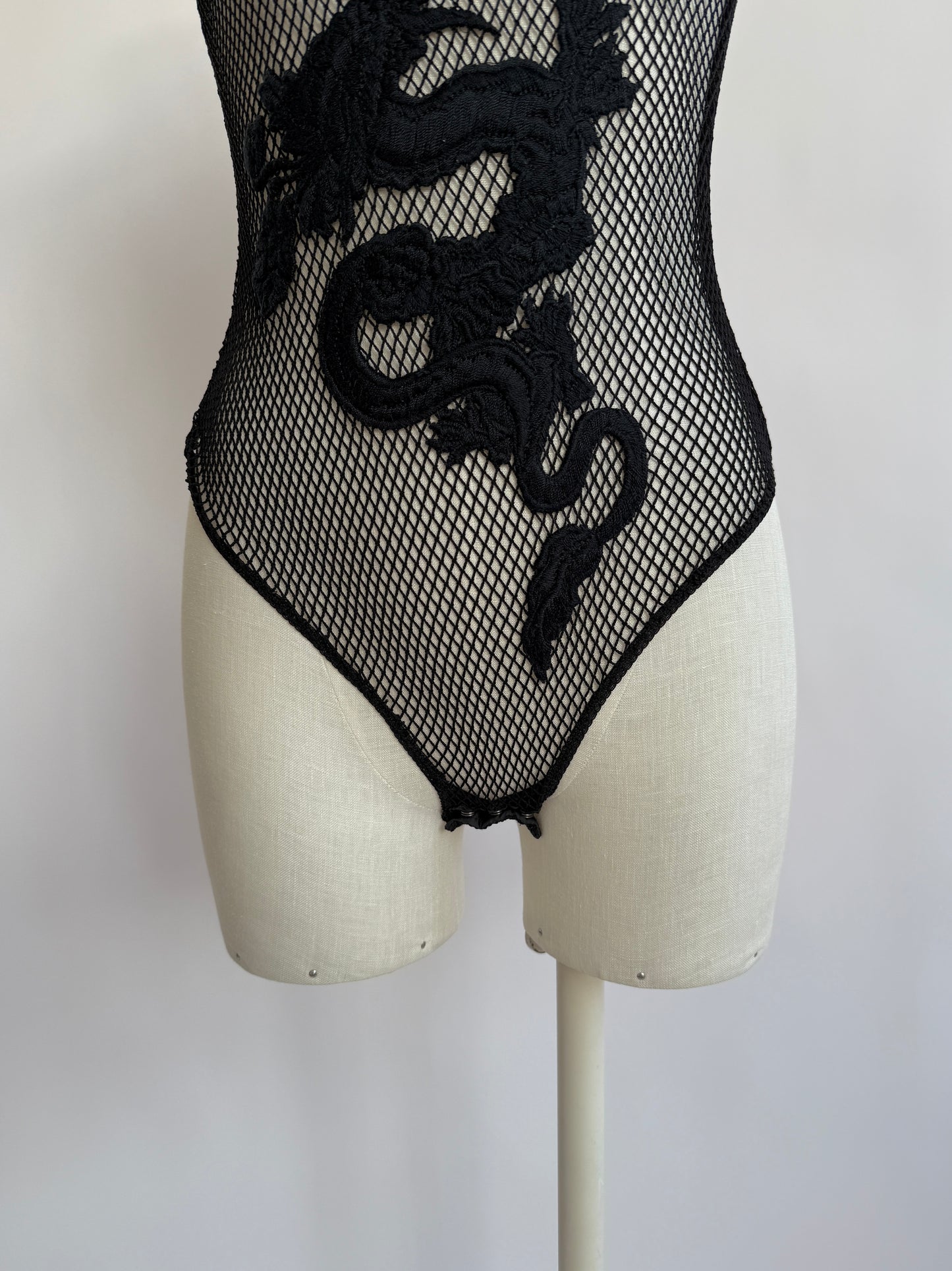 Vintage La Perla S/S 2008 Black Label Embellished Mesh Dragon Bodysuit in size S/M.