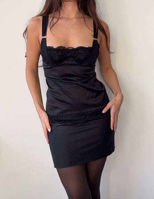 Dolce & Gabbana 00's Vintage Black Silk Lingerie Bustier Top in size S with a Lace Trim