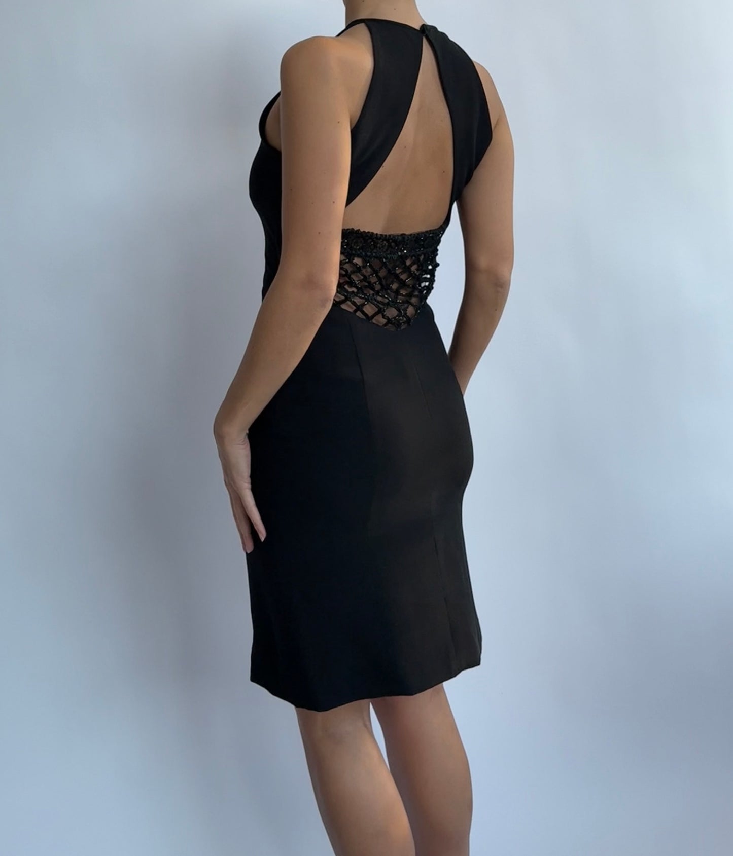 Valentino F/W 2001 Black Silk Beaded Backless Mini Dress