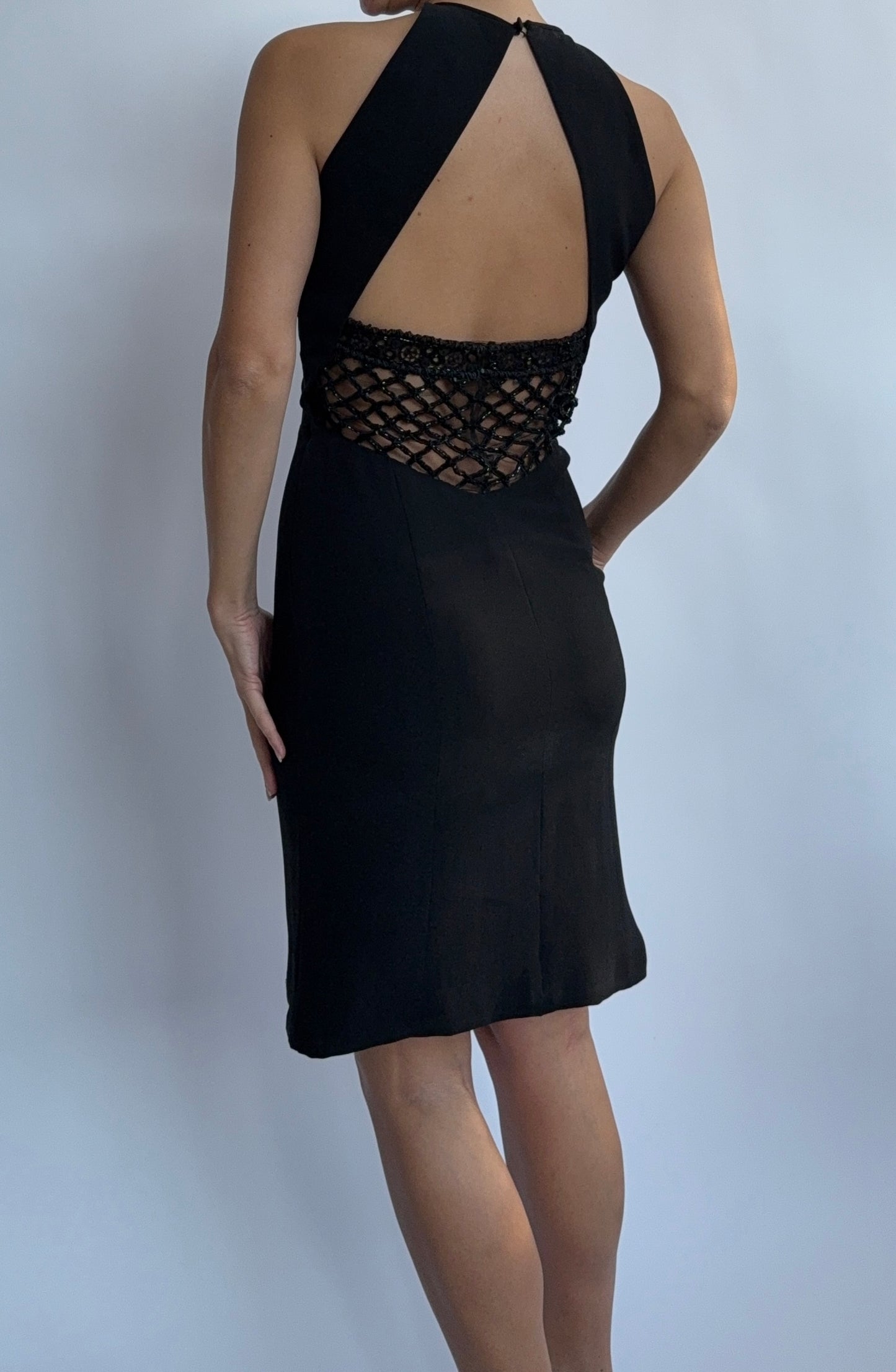 Valentino F/W 2001 Black Silk Beaded Backless Mini Dress