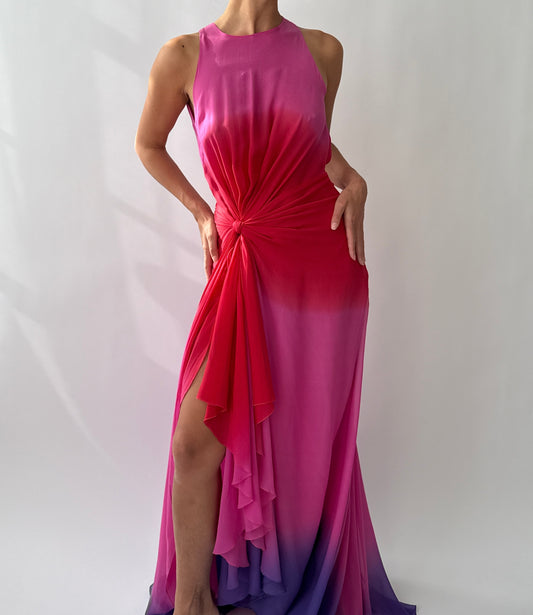 Vintage Versace F/W 2002 Runway Pink Ombre Open Back Silk Dress in size S.