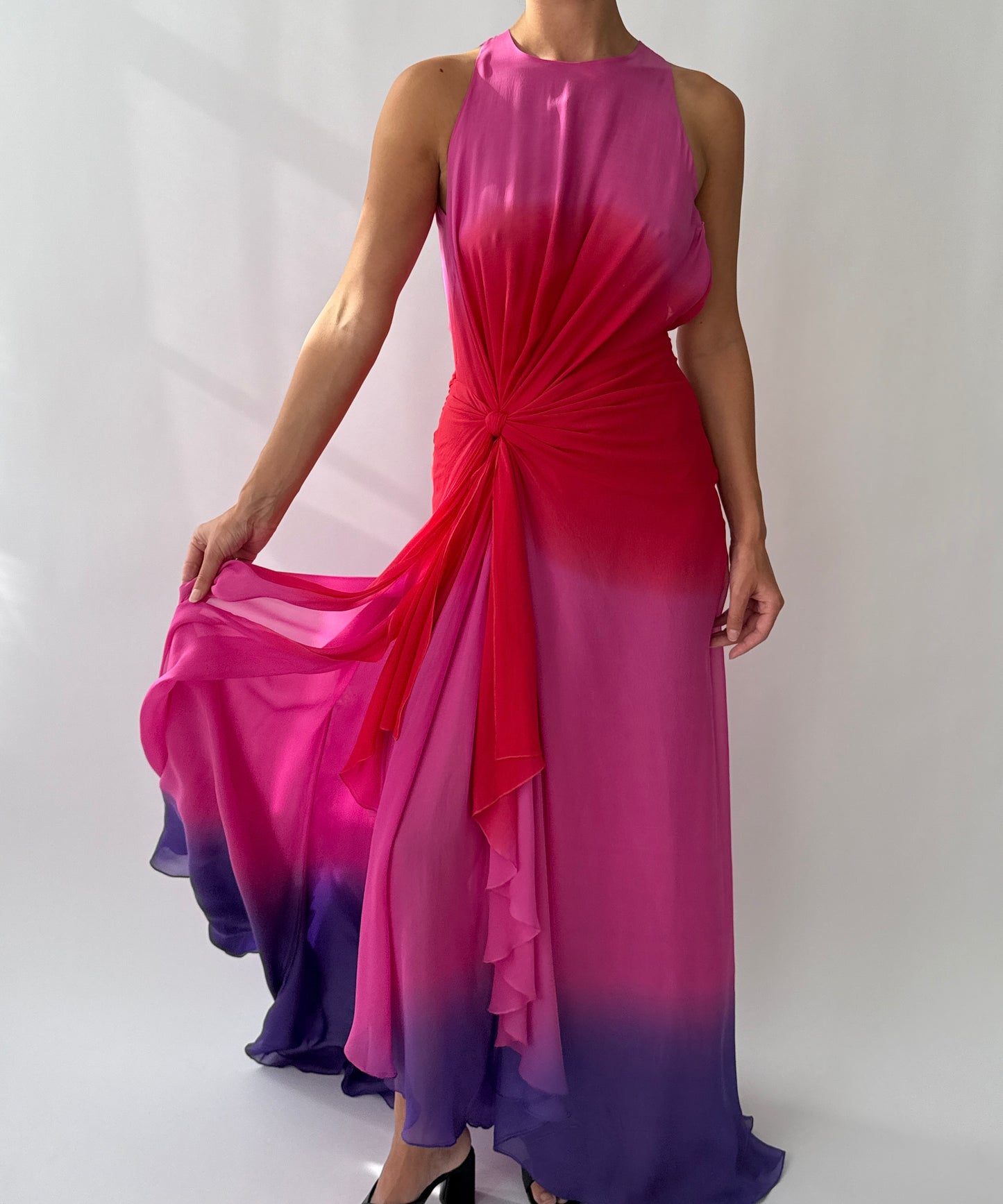 Vintage Versace F/W 2002 Runway Pink Ombre Open Back Silk Dress in size S.