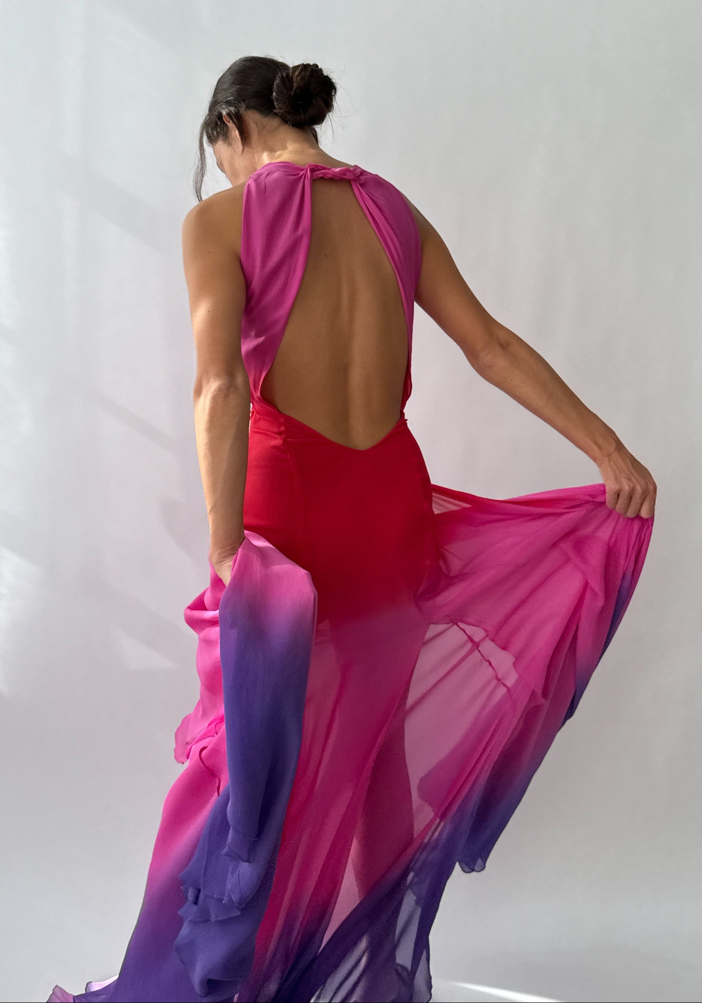 Vintage Versace F/W 2002 Runway Pink Ombre Open Back Silk Dress in size S.