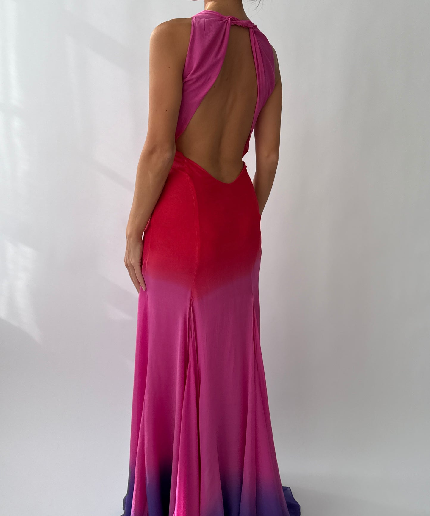 Vintage Versace F/W 2002 Runway Pink Ombre Open Back Silk Dress in size S.