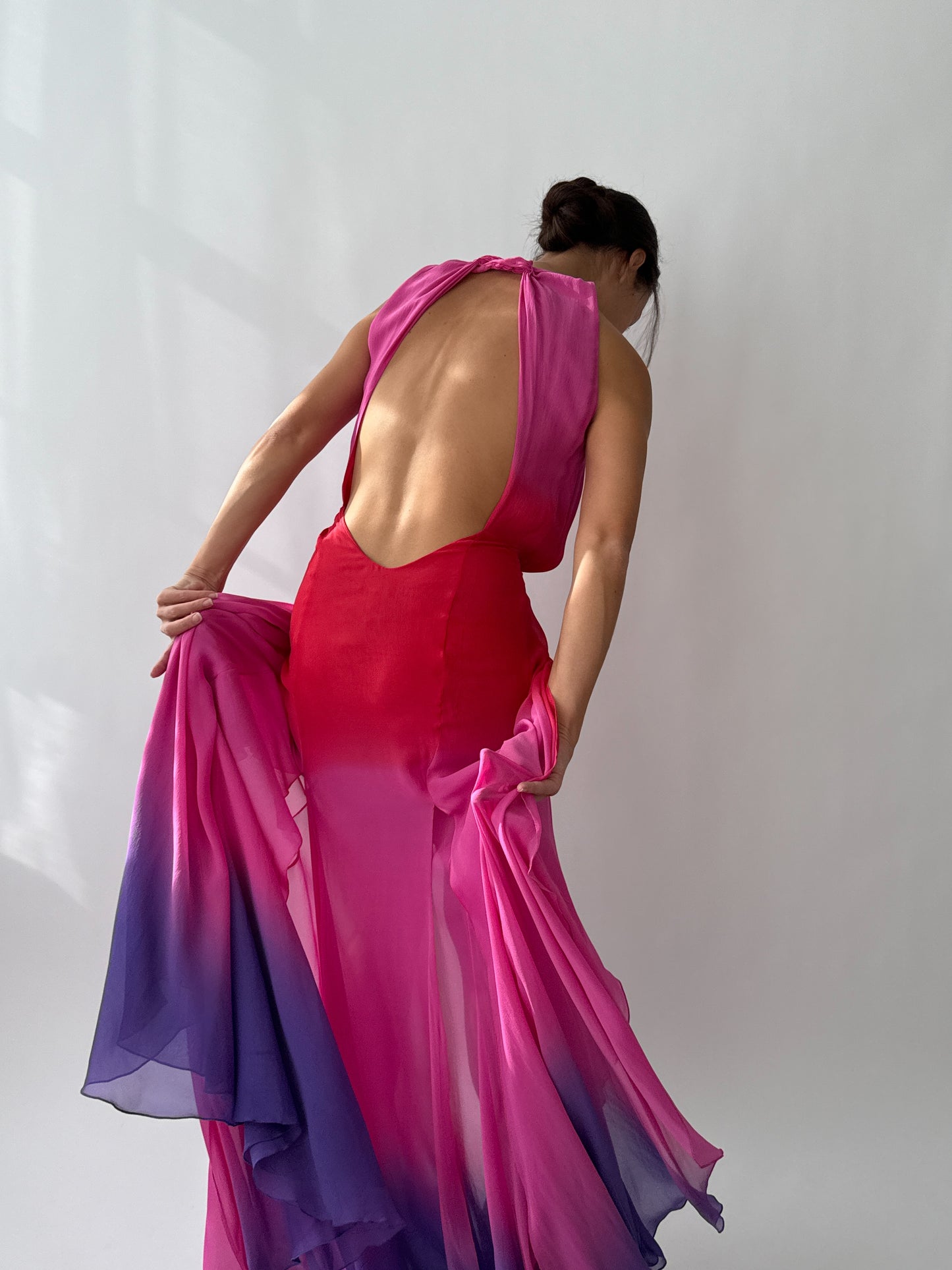 Vintage Versace F/W 2002 Runway Pink Ombre Open Back Silk Dress in size S.