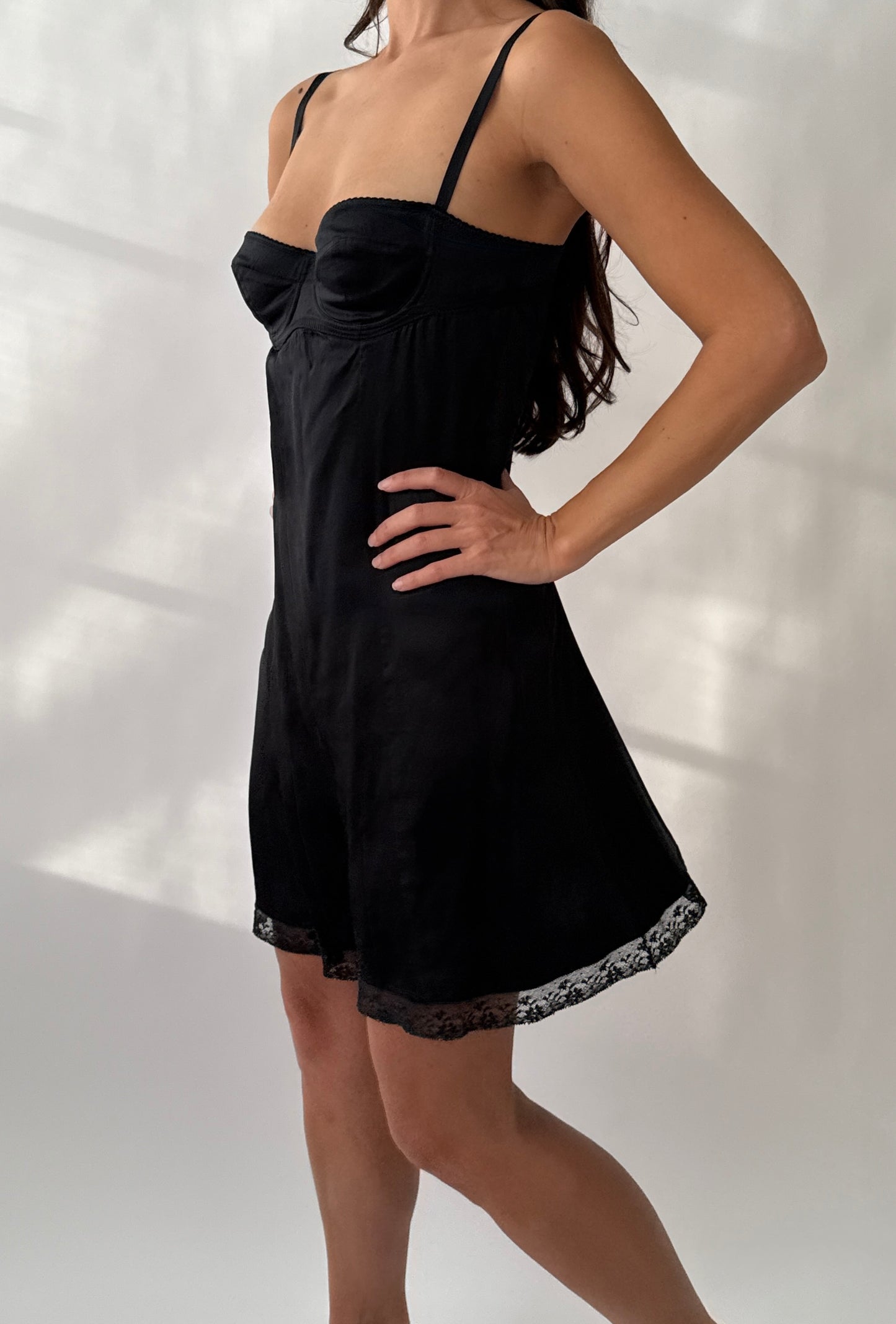 Dolce & Gabbana 90's/early 00’s Black Silk Slip Dress with Built-in Bra and Lace Trim in size M