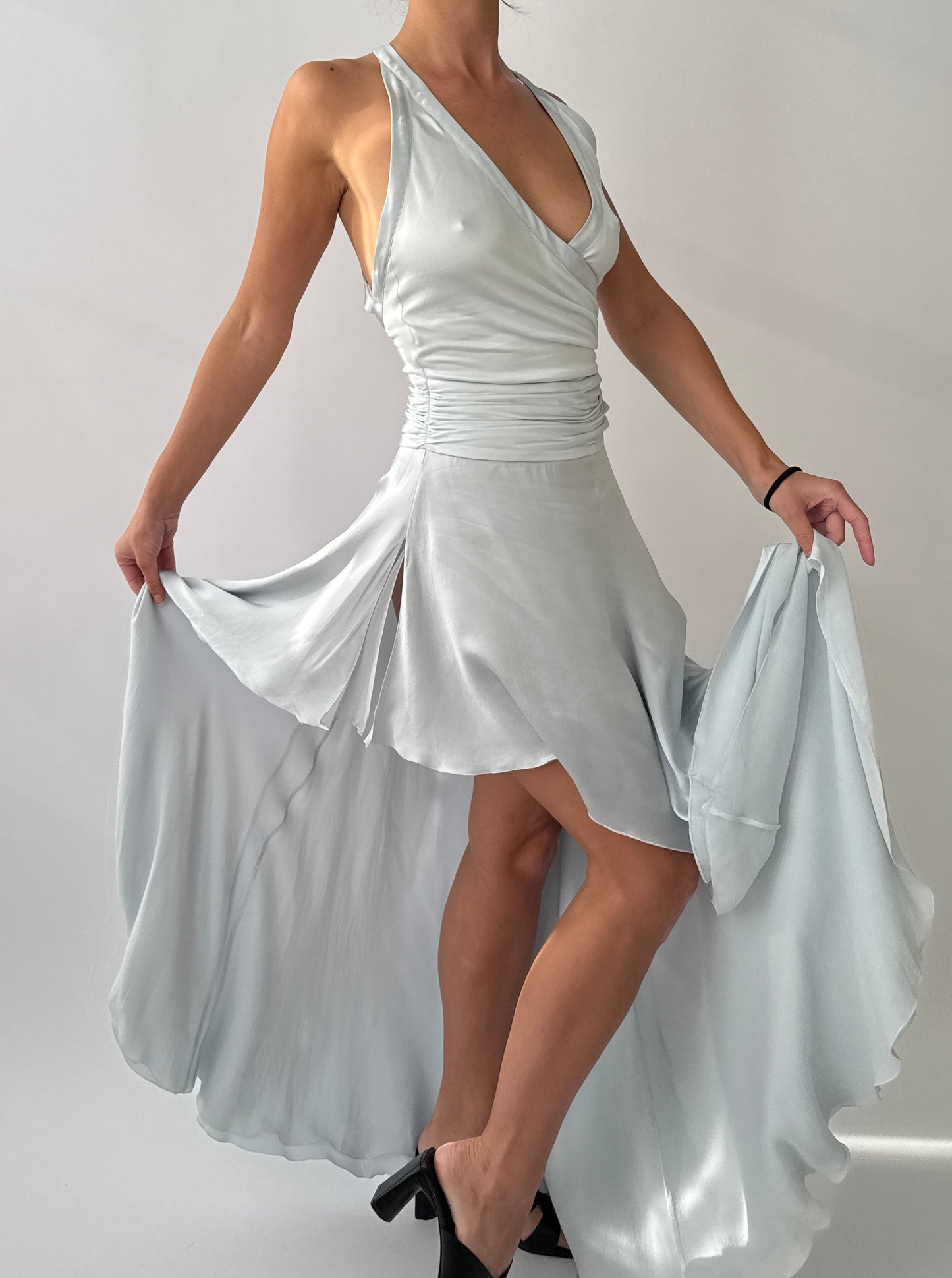 Versace S/S 2005 Vintage Light Blue Plunging Silk Asymmetric Dress (S/M)