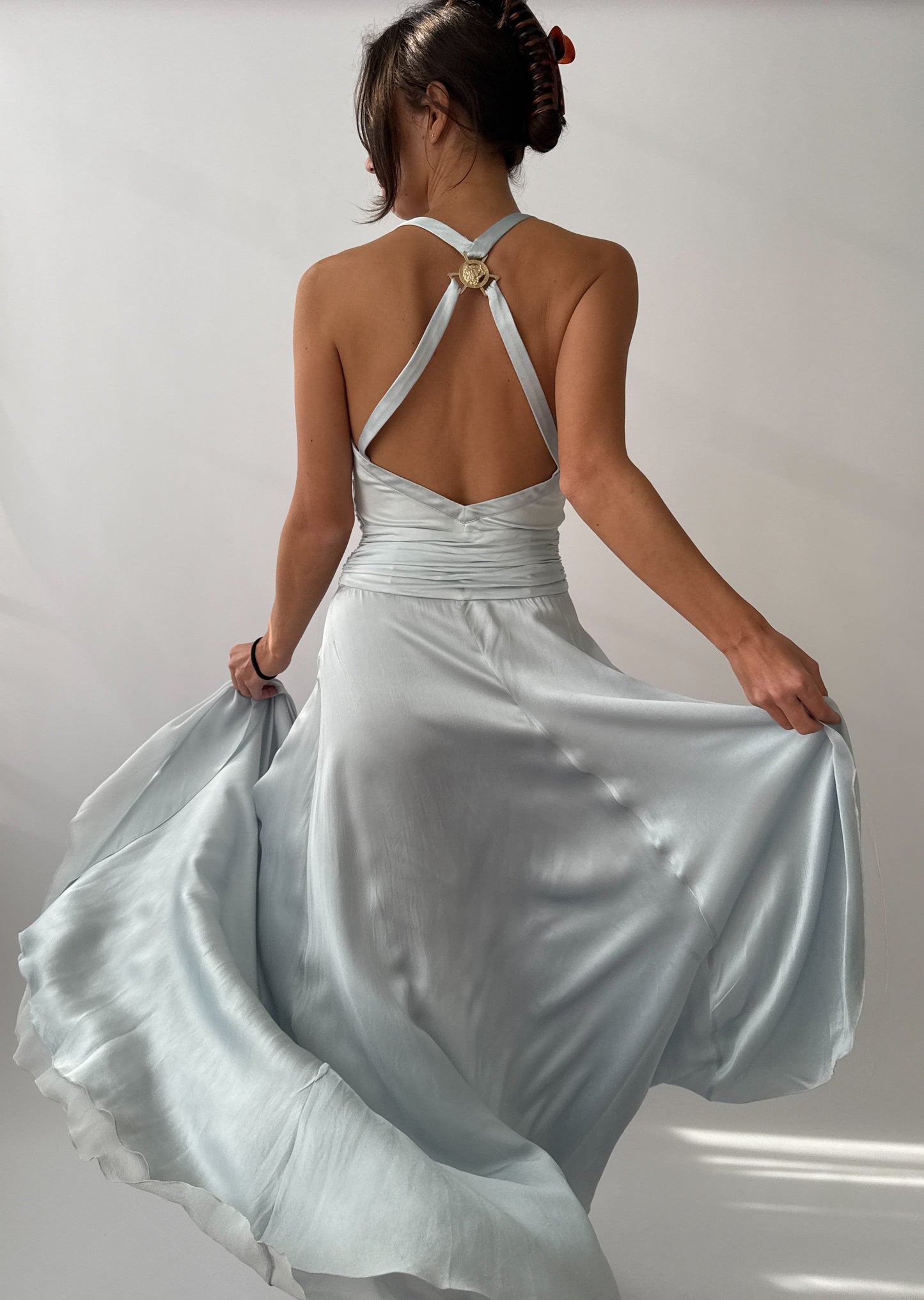 Versace S/S 2005 Vintage Light Blue Plunging Silk Asymmetric Dress (S/M)