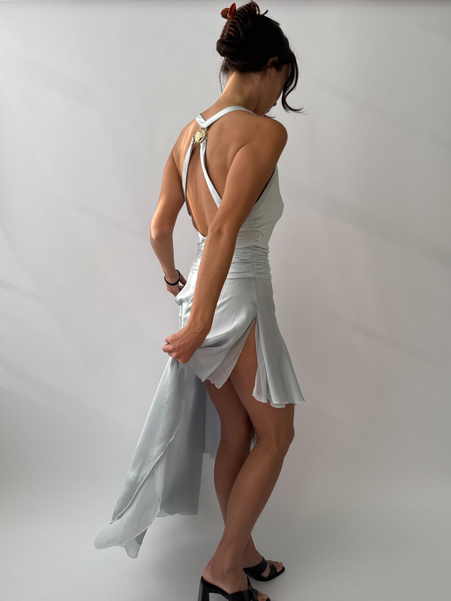 Versace S/S 2005 Vintage Light Blue Plunging Silk Asymmetric Dress (S/M)