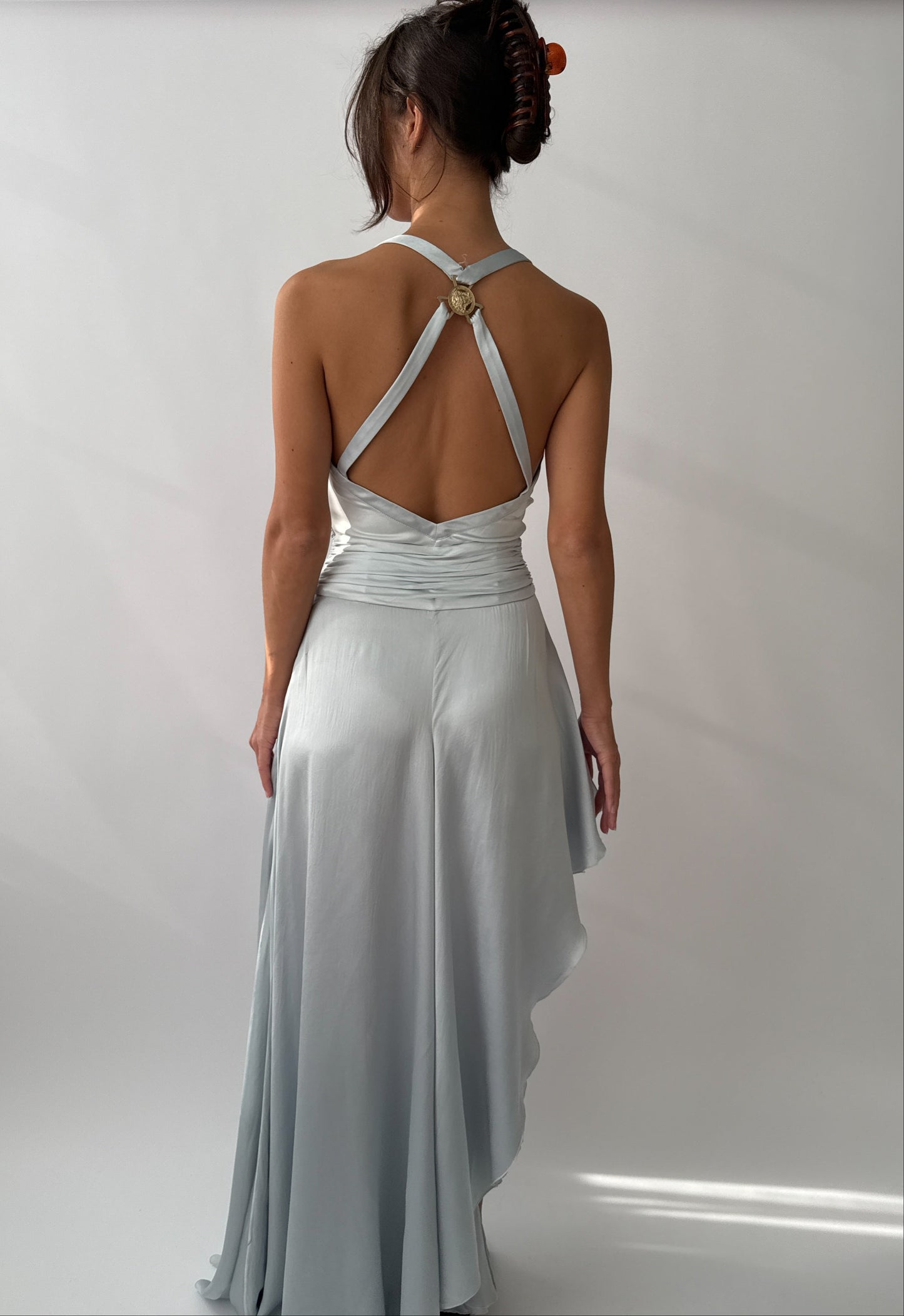 Versace S/S 2005 Vintage Light Blue Plunging Silk Asymmetric Dress (S/M)
