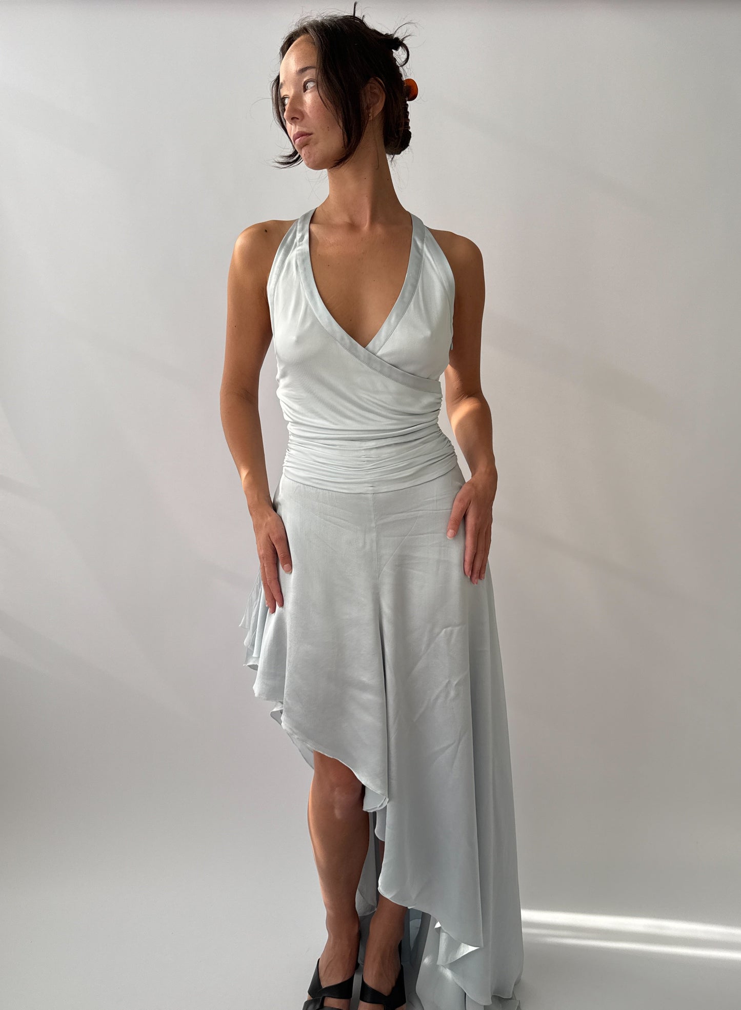 Versace S/S 2005 Vintage Light Blue Plunging Silk Asymmetric Dress (S/M)