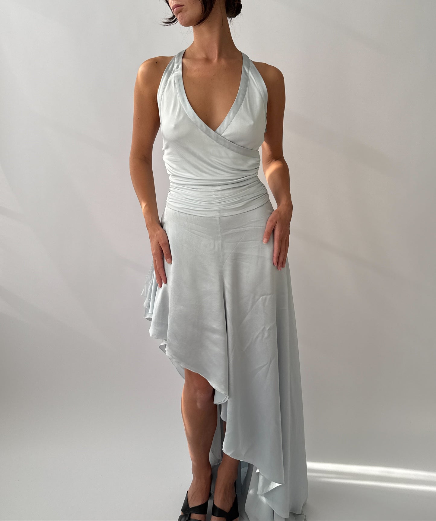 Versace S/S 2005 Vintage Light Blue Plunging Silk Asymmetric Dress (S/M)