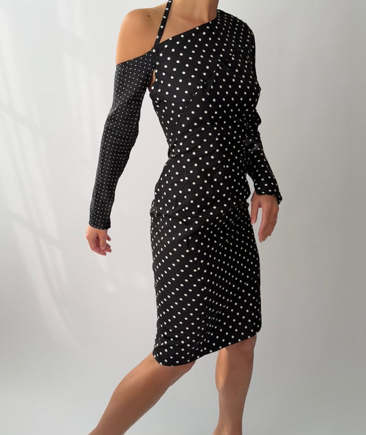 Versace S/S 1987 Runway Polkadot One Shoulder Silk Dress in size S.