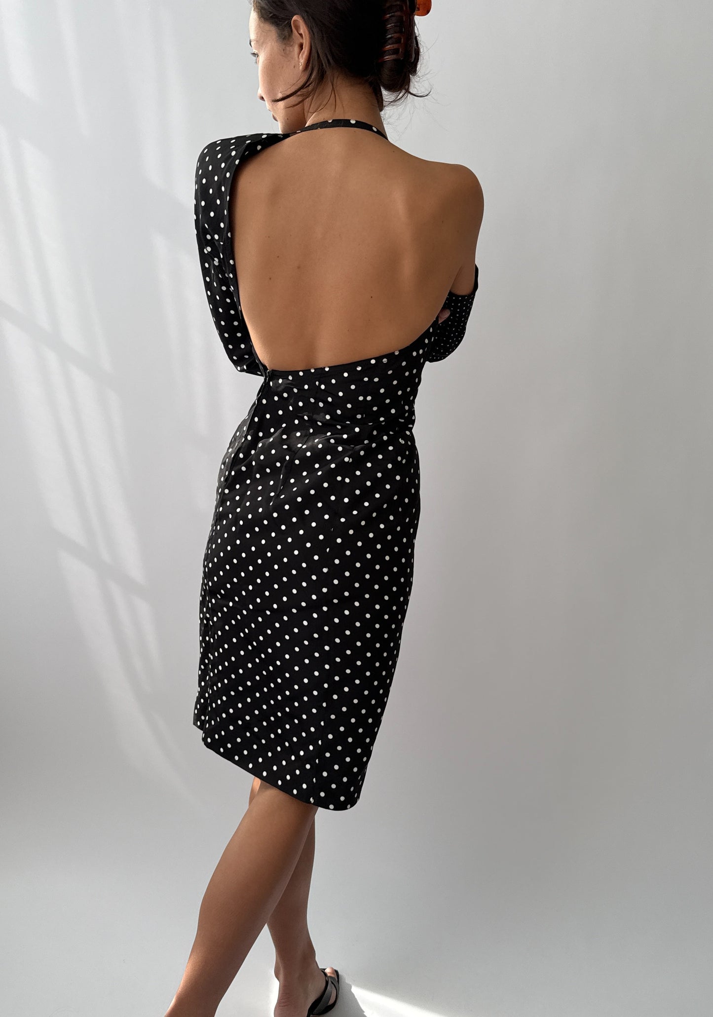 Versace S/S 1987 Runway Polkadot One Shoulder Silk Dress in size S.