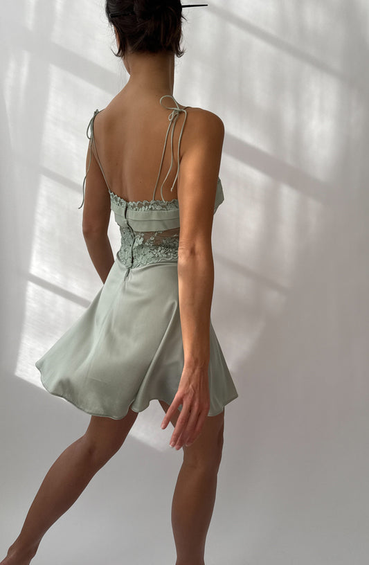 La Perla Soft Pastel Green Silk and Lace Lingerie Mini Slip Dress (S/M)