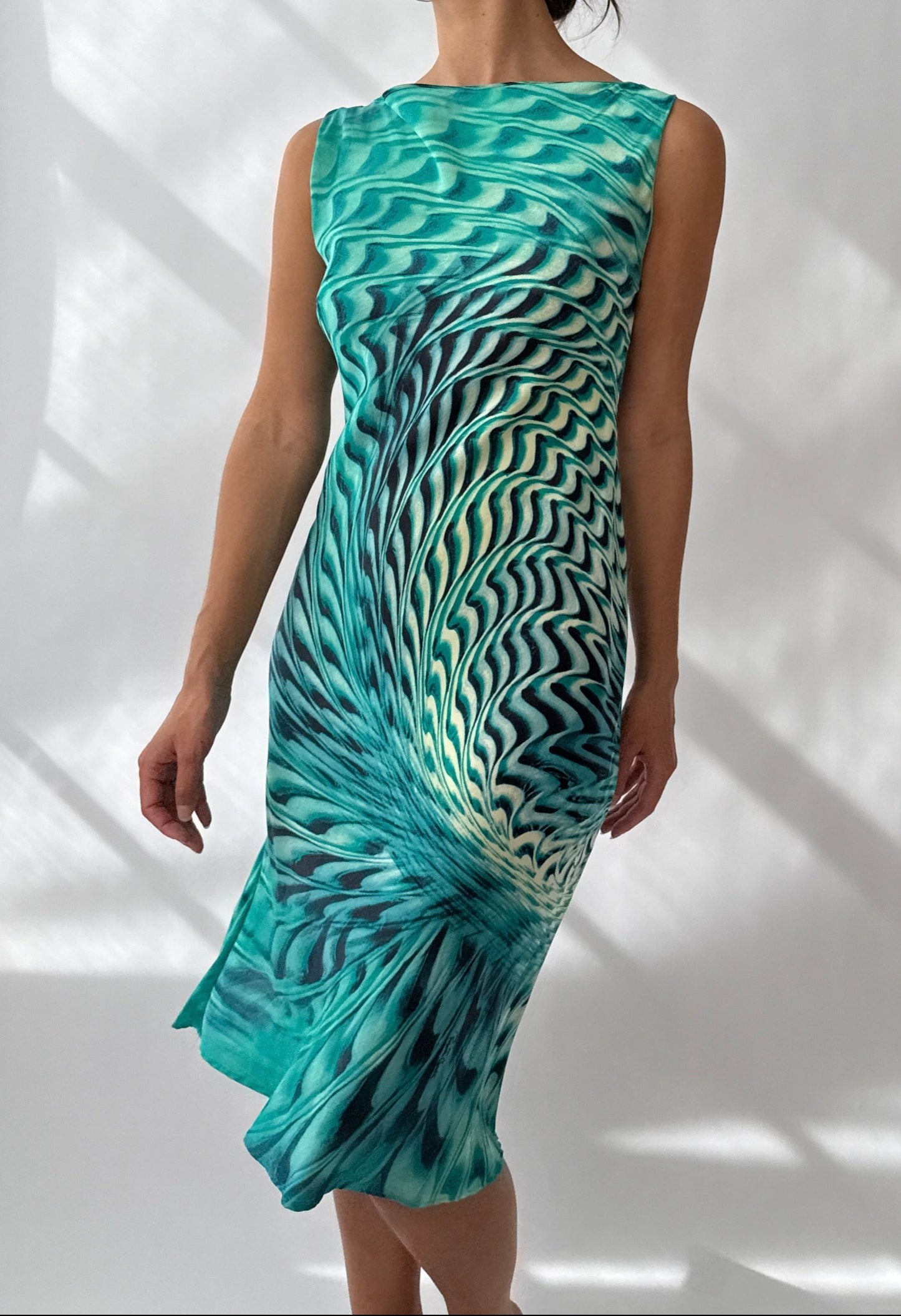 Roberto Cavalli S/S 2001 Psychedelic Swirl Print Silk Midi Dress (S)