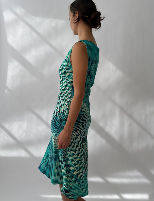 Roberto Cavalli S/S 2001 Psychedelic Swirl Print Silk Midi Dress (S)