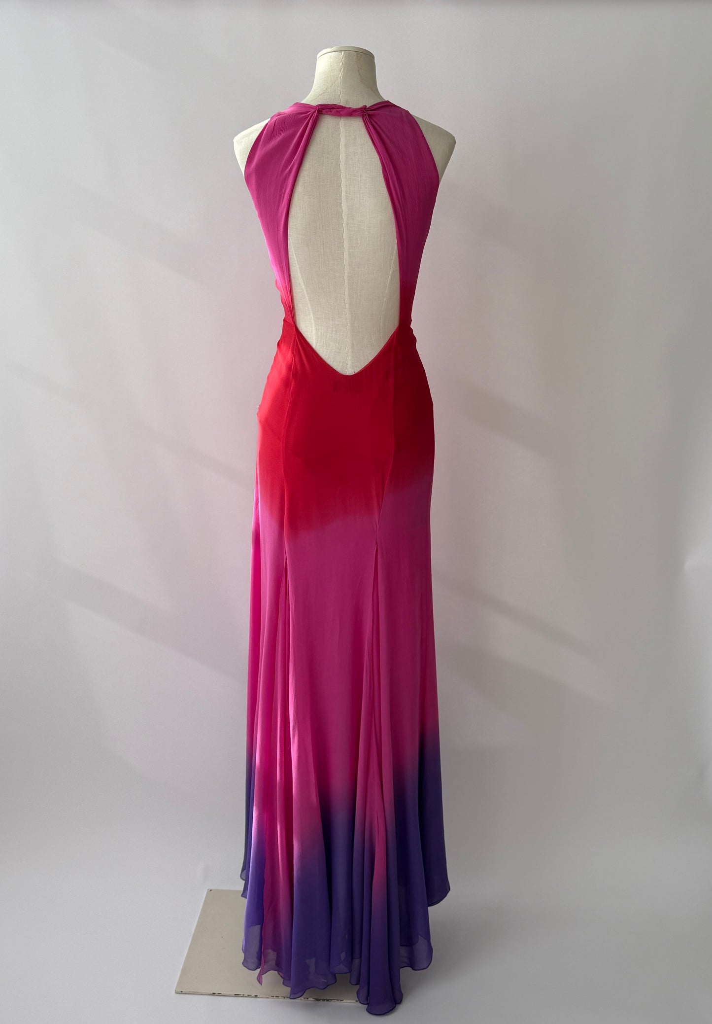 Vintage Versace F/W 2002 Runway Pink Ombre Open Back Silk Dress in size S.