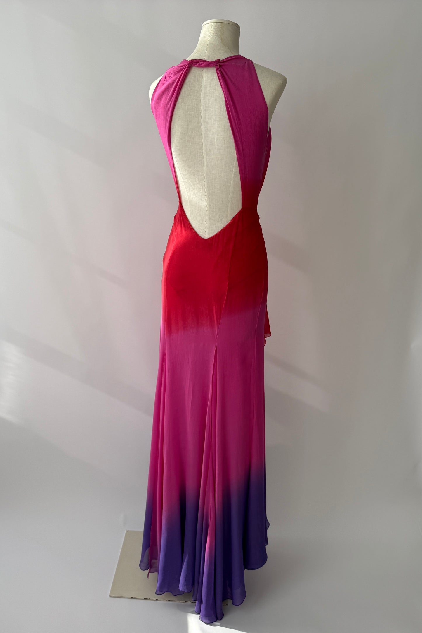 Vintage Versace F/W 2002 Runway Pink Ombre Open Back Silk Dress in size S.